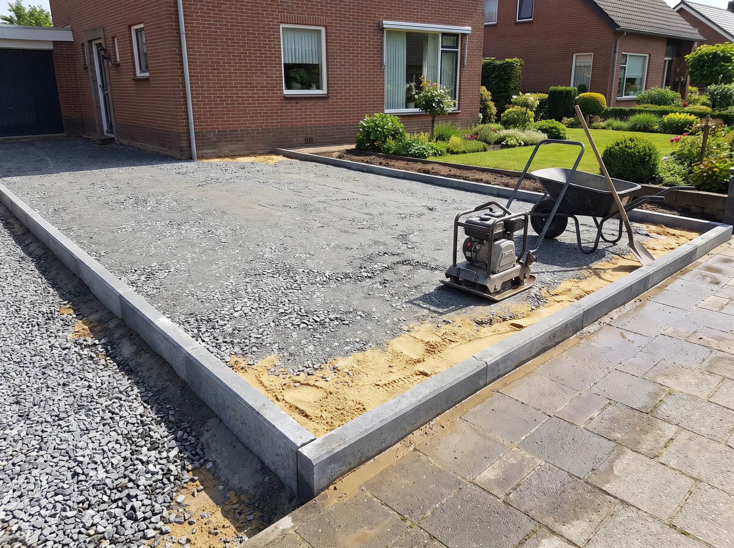 Aanleg betonnen opsluitbanden voor oprit met voorbereide ondergrond en verdichtingswerk