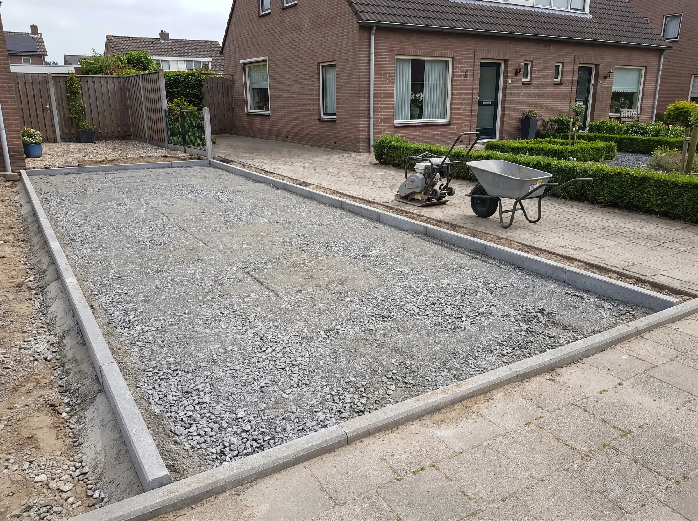 Bestrating: voorbereidingsfase met grind en zand afgebakend door opsluitbanden