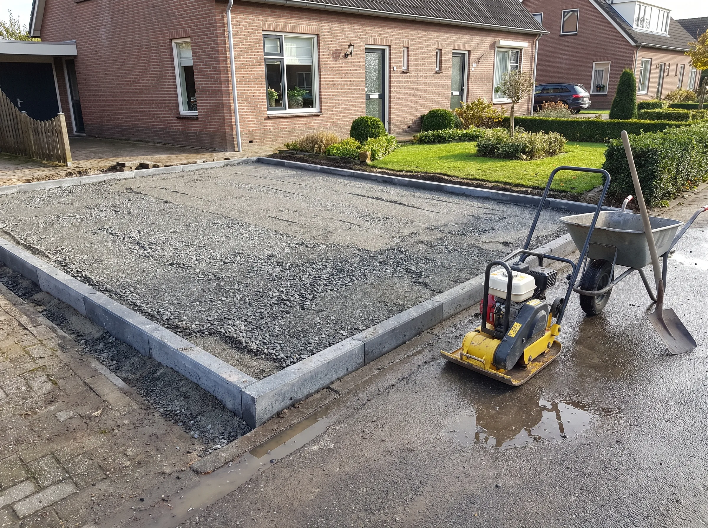 Oprit bestraten met verdichtingswerk en betonkantsteens