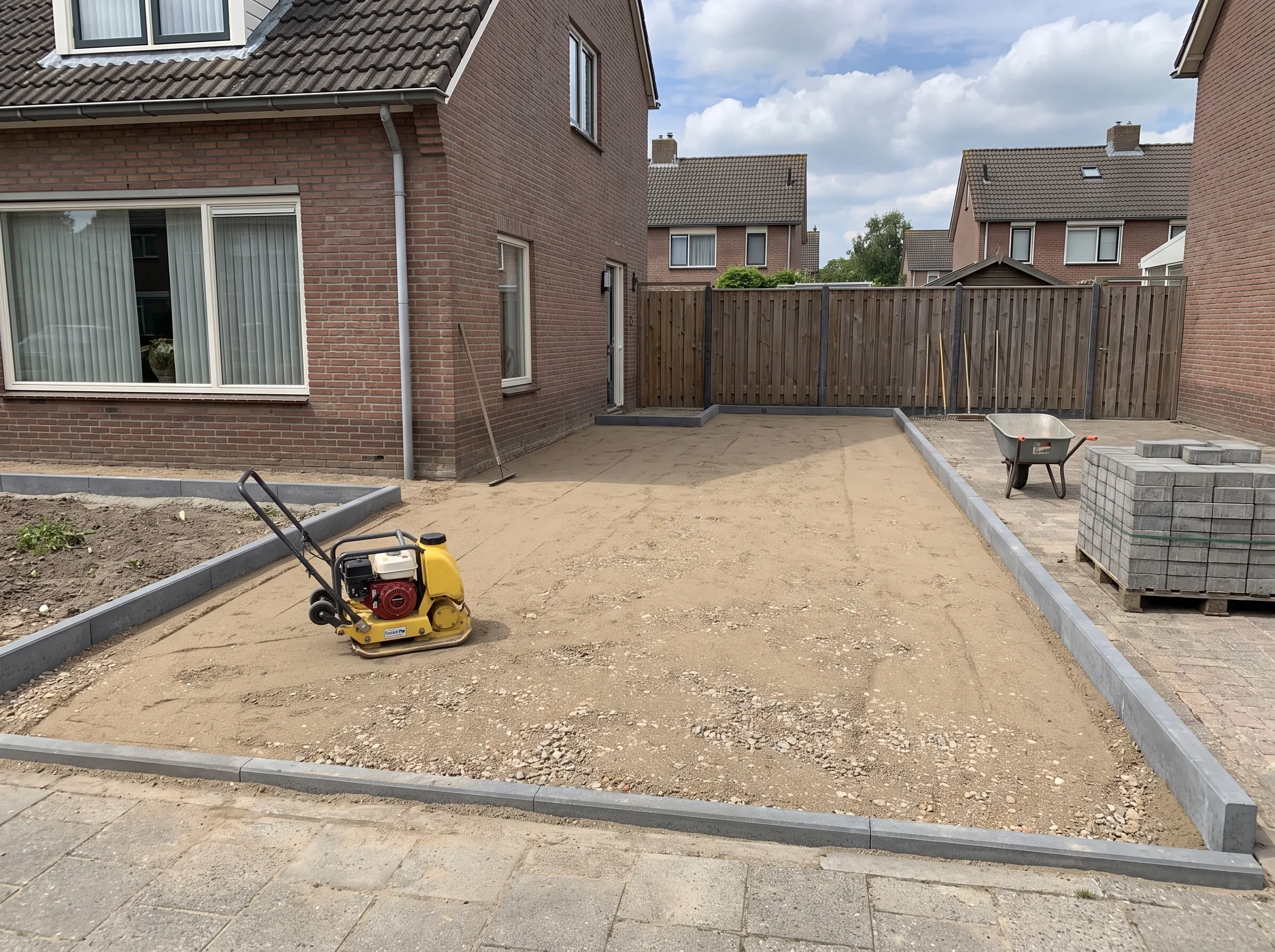 Terrasvoorbereiding met verdichte ondergrond en opsluitbanden in woonwijk