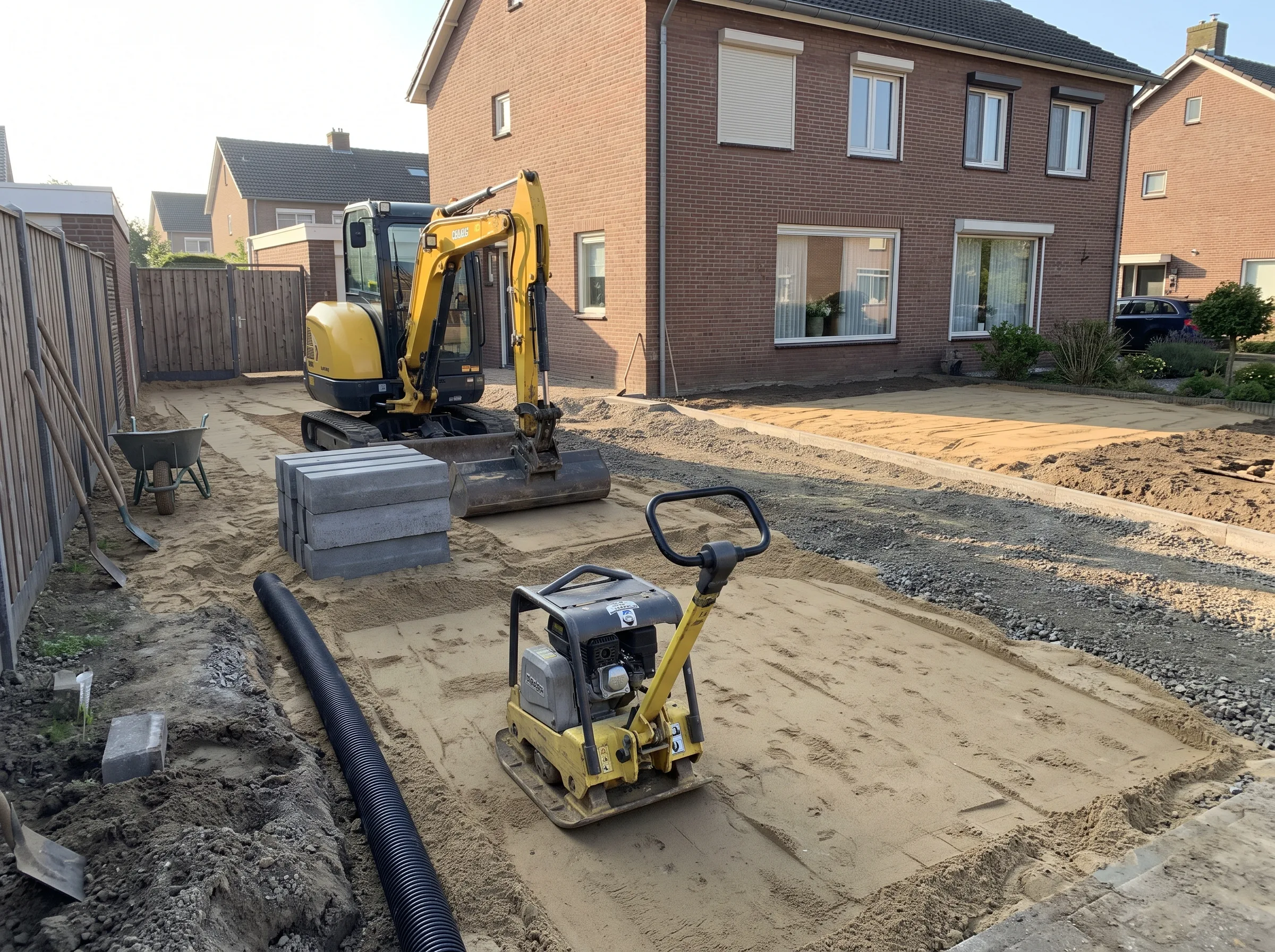 Oprit bestraten: grondwerk en drainage aanleggen met verdichtingsmachine