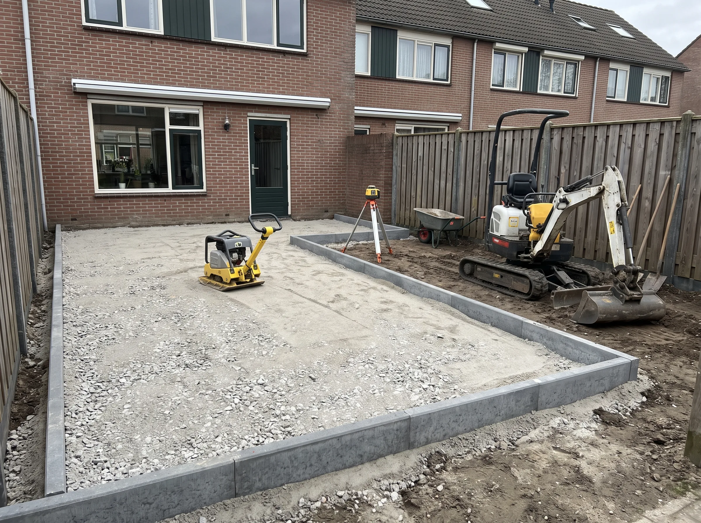 Oprit in voorbereiding met betonnen randafwerking en verdichtingsmachines bij woonhuis