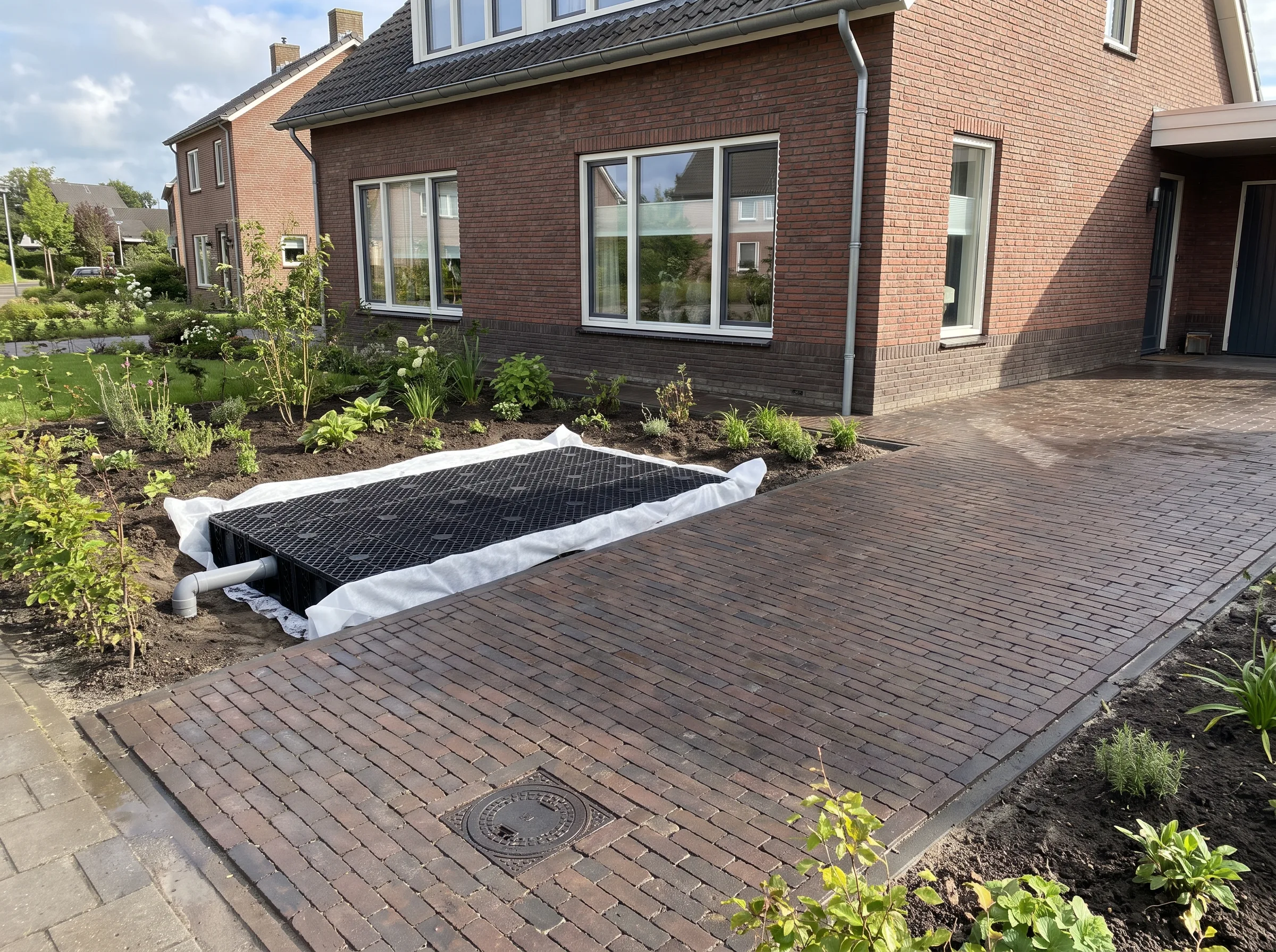 Aangelegd klinkerbestrating terras voor bakstenen woning