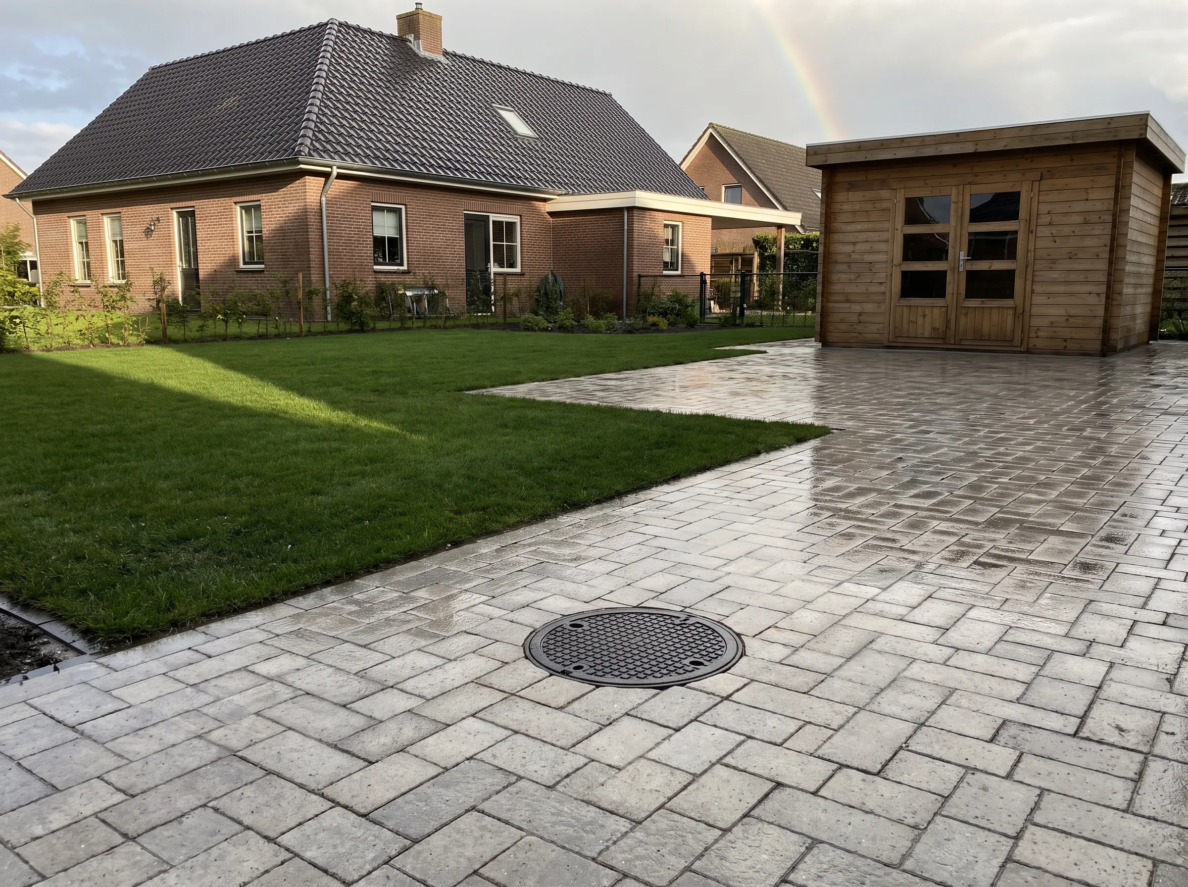 Grijze klinkerbetontegels bestrating aangelegd rond moderne woning met tuin