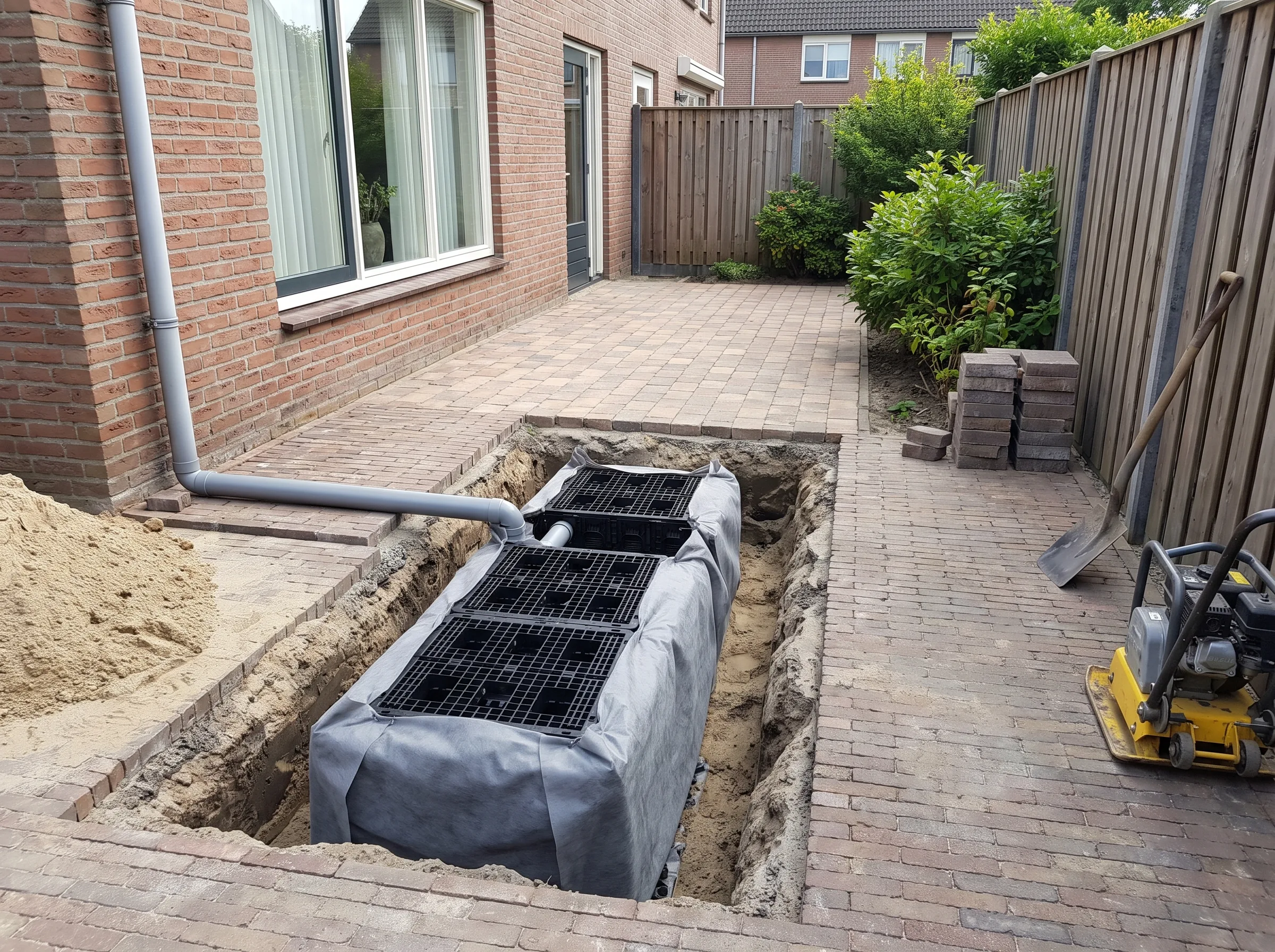 Aanleg drainagesysteem met infiltratiekratten in terrasbestrating
