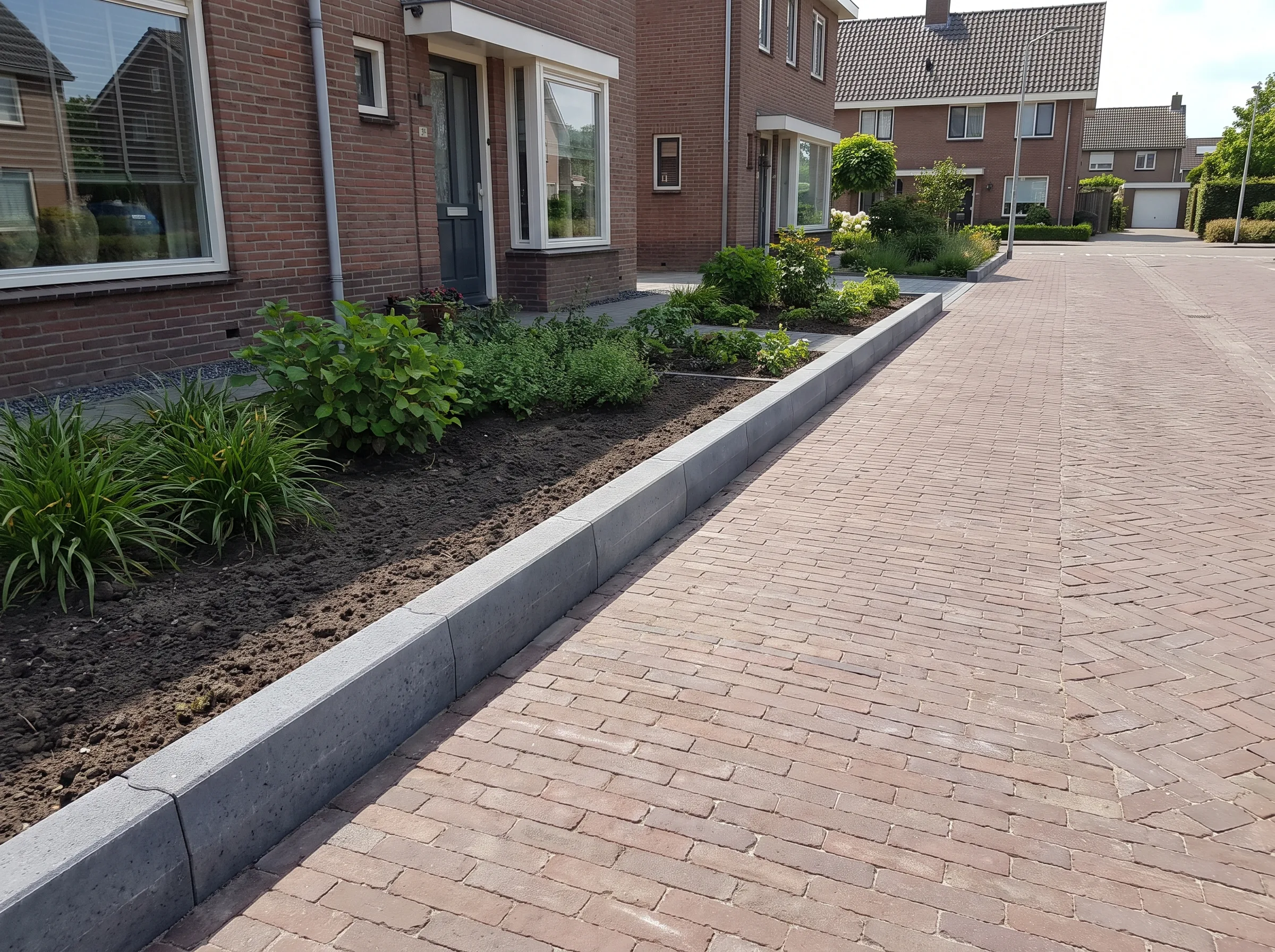 Oprit bestraat met bruine klinkers, grijze opsluitbanden en bloemenrabat