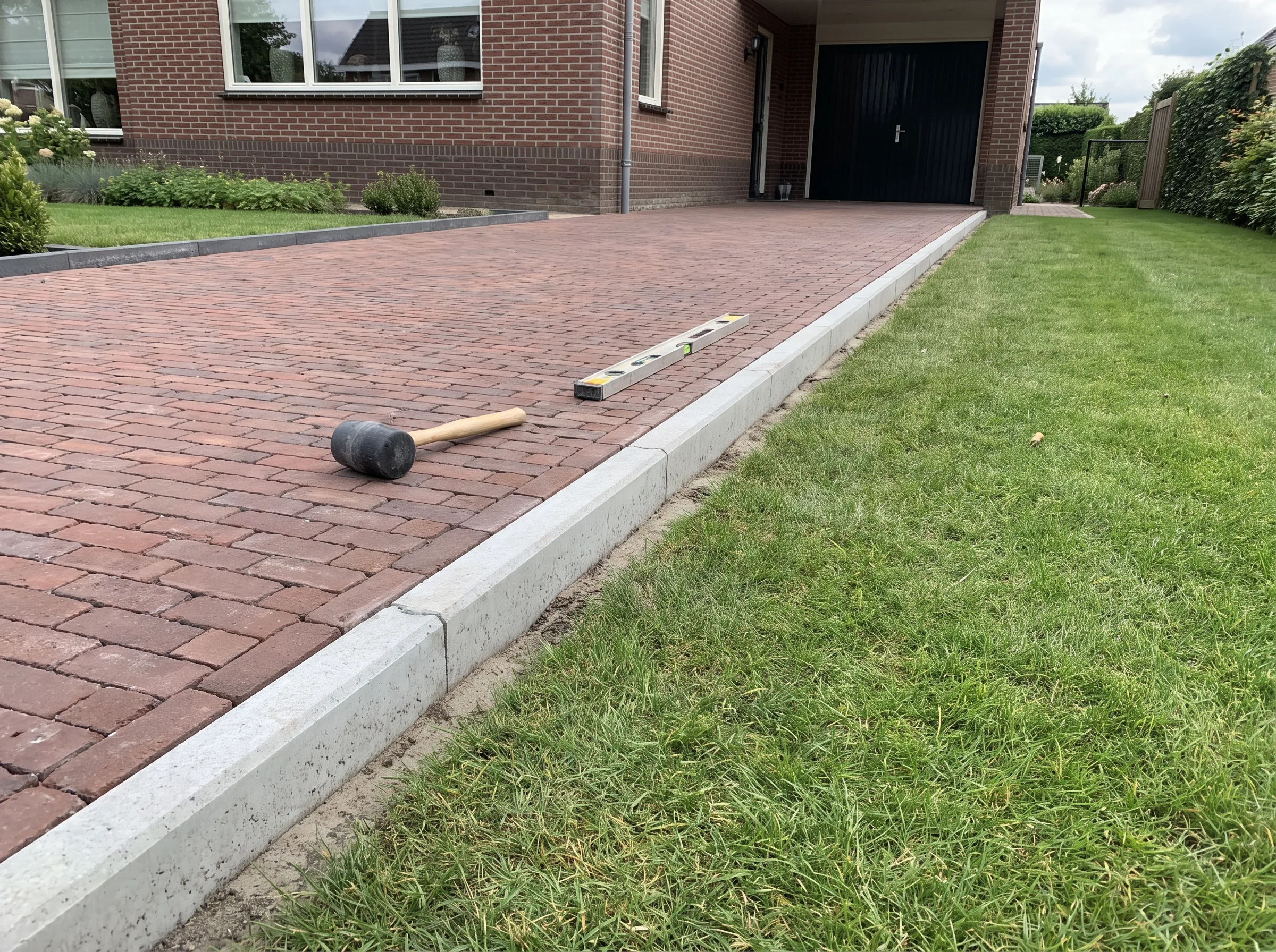 Rode klinkerbestrating aangelegd naast tuingazon met witte opsluitbanden
