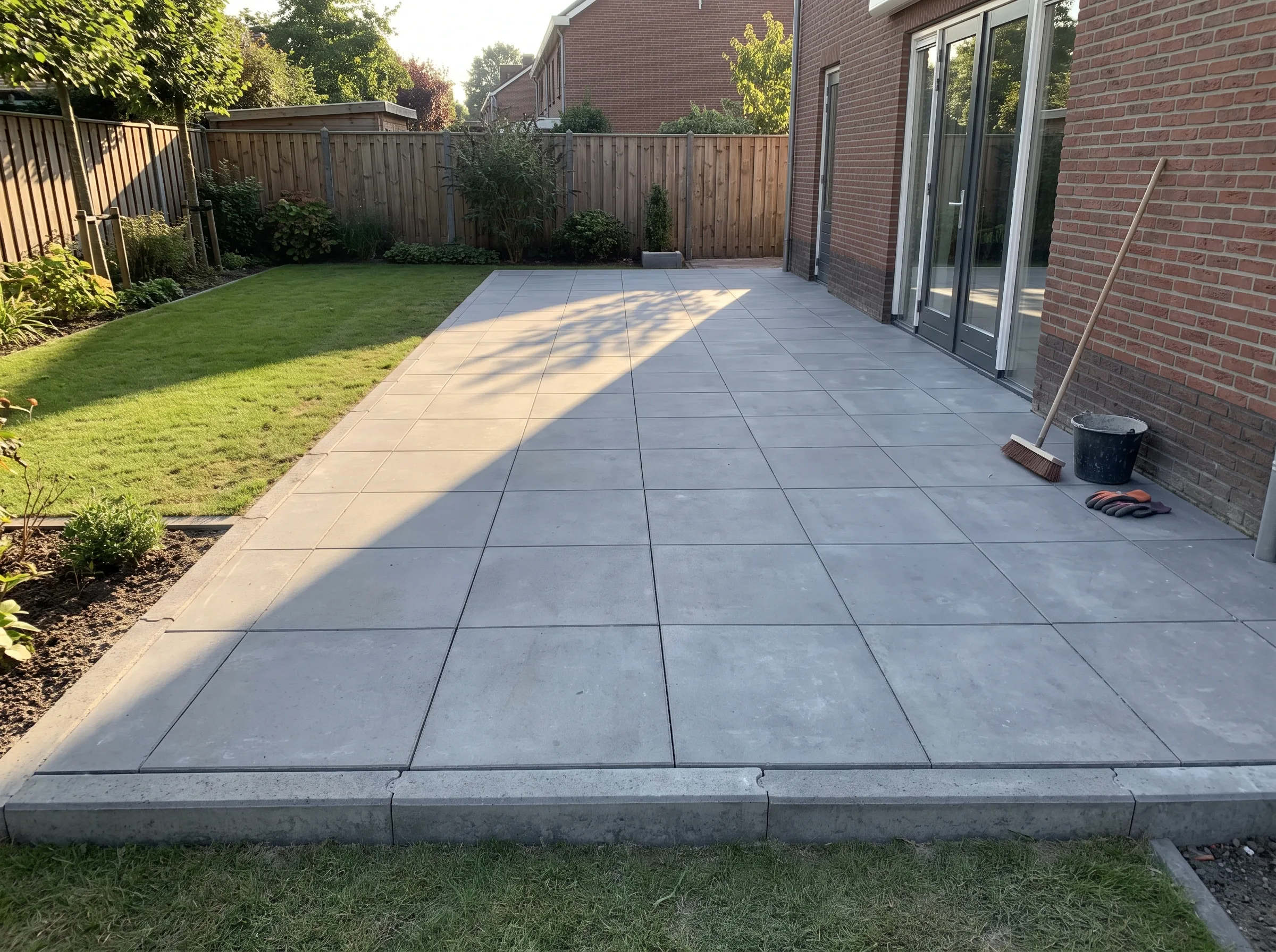Moderne grijze betonnen tegels terras aangelegd tegen bakstenen woning