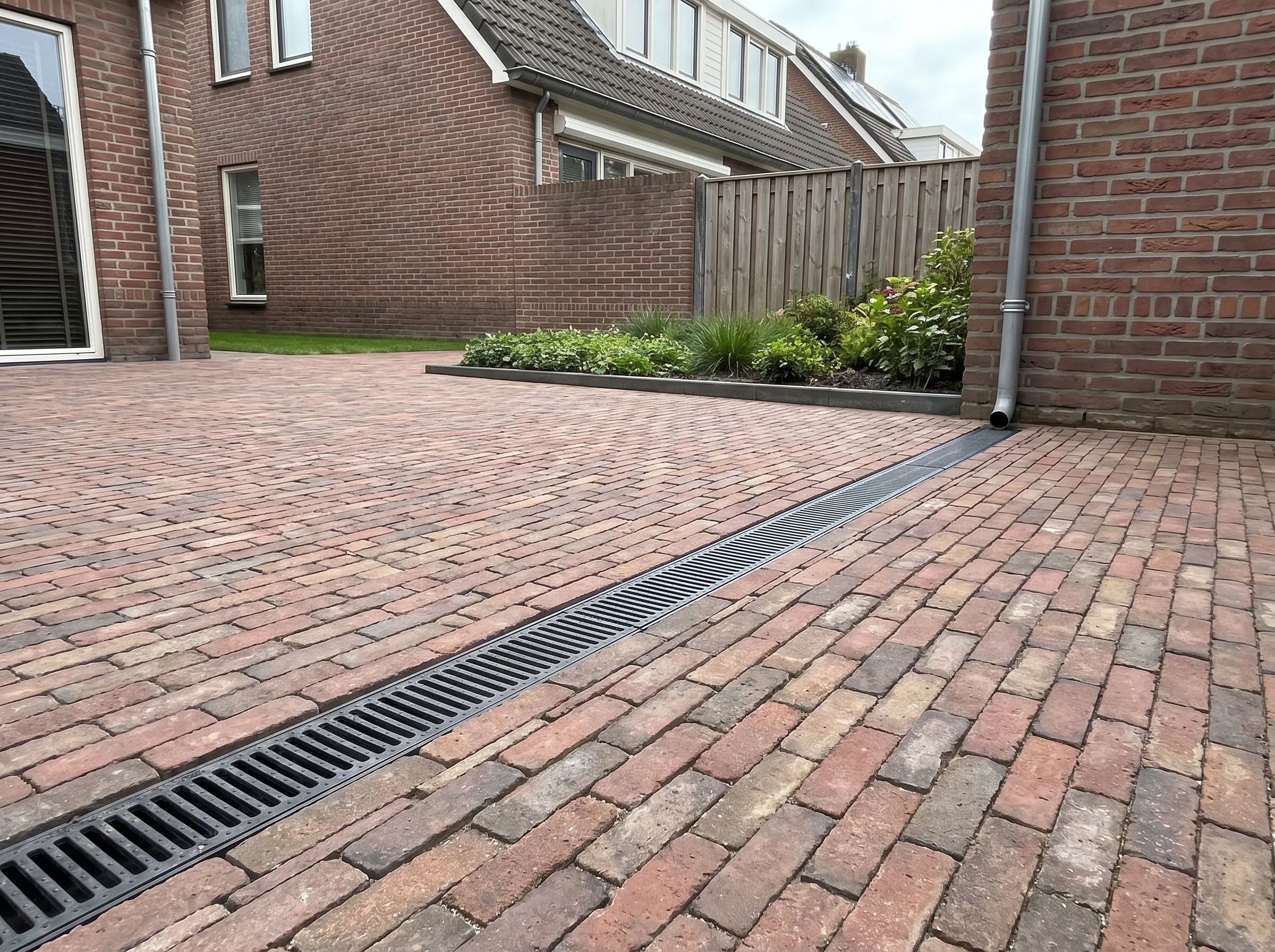 Bestraatde oprit met rode klinkers en lineaire drainage voor waterdoorvoer bij woonhuis