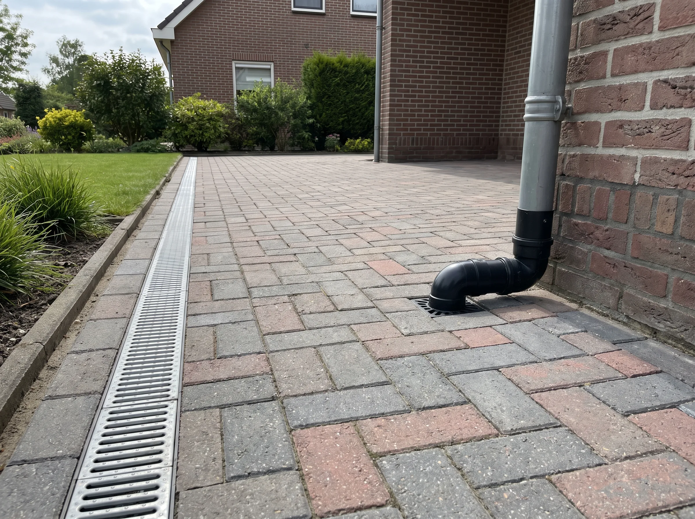 Moderne oprit bestrating met rode klinkers en drainage systeem