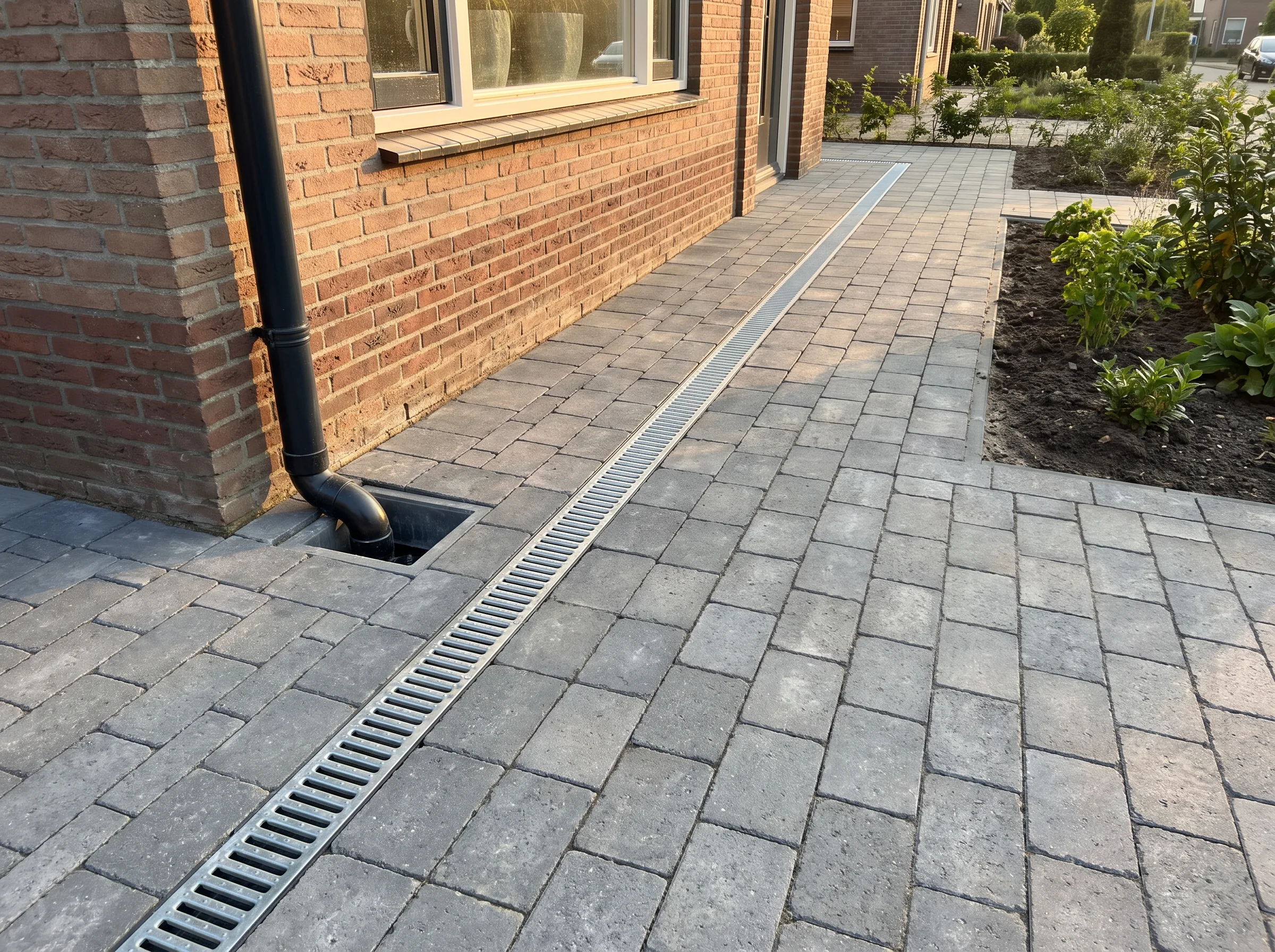 Terrasbestrating in grijze klinkers met waterafvoergoot