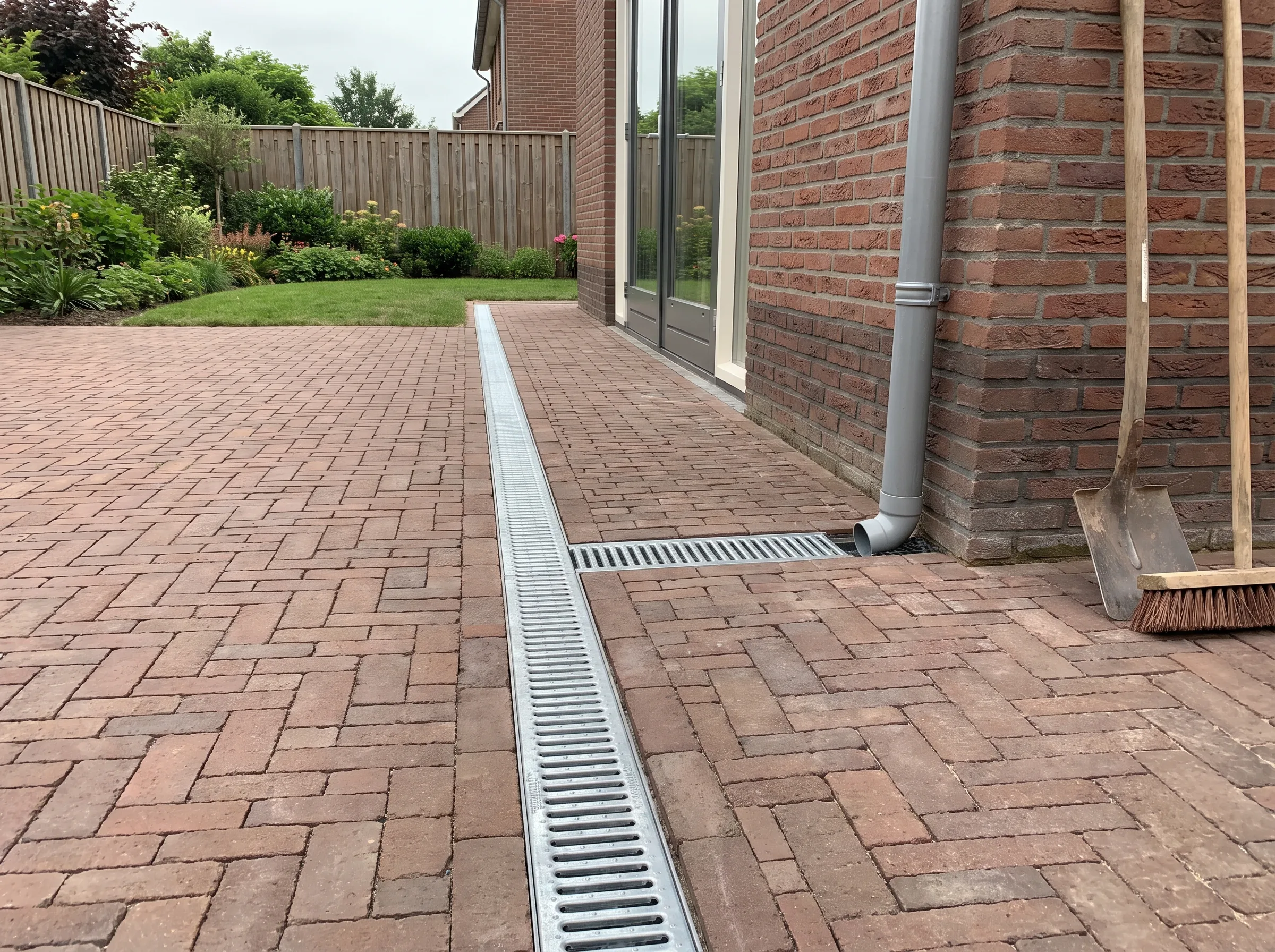 Bruine klinkerbestrating oprit met professioneel drainagesysteem