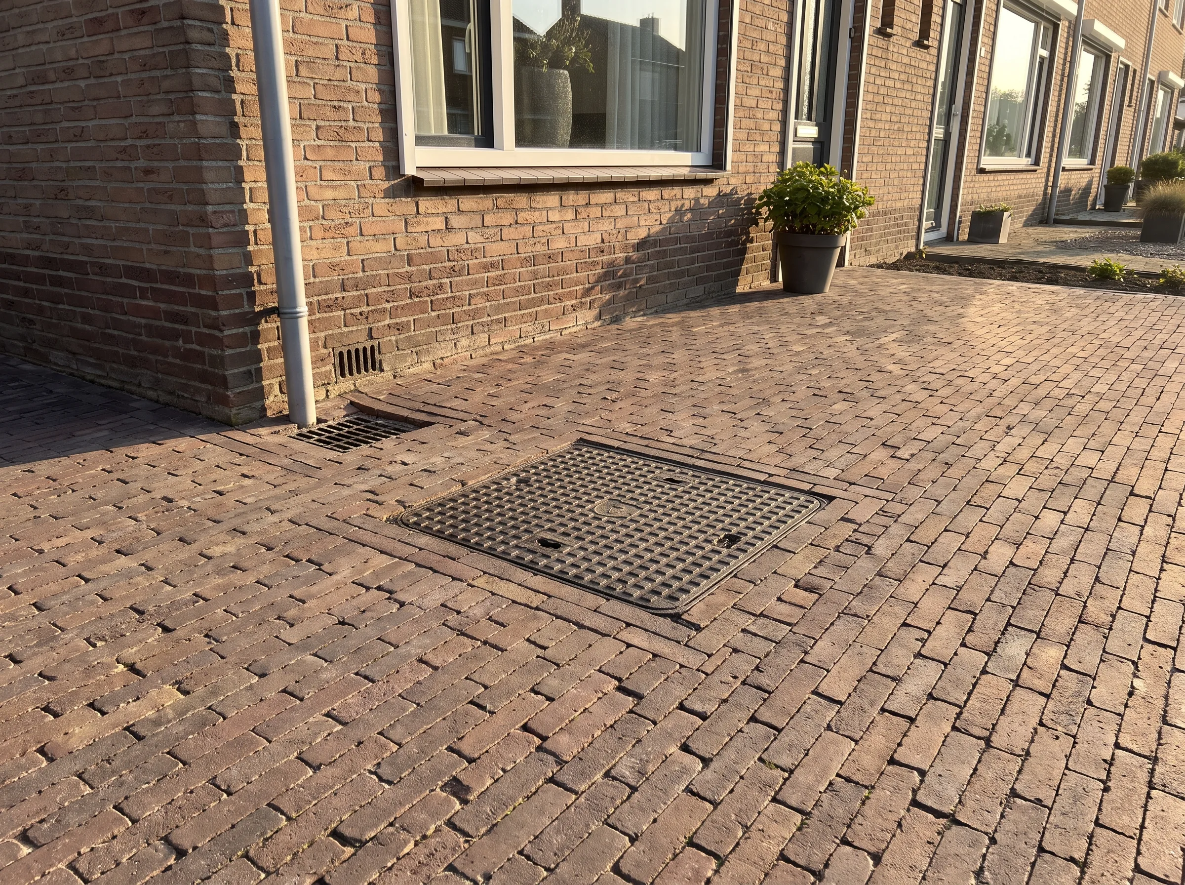 Bruin klinkerpaving voor een bakstenen huis met zwarte afwateringskratka