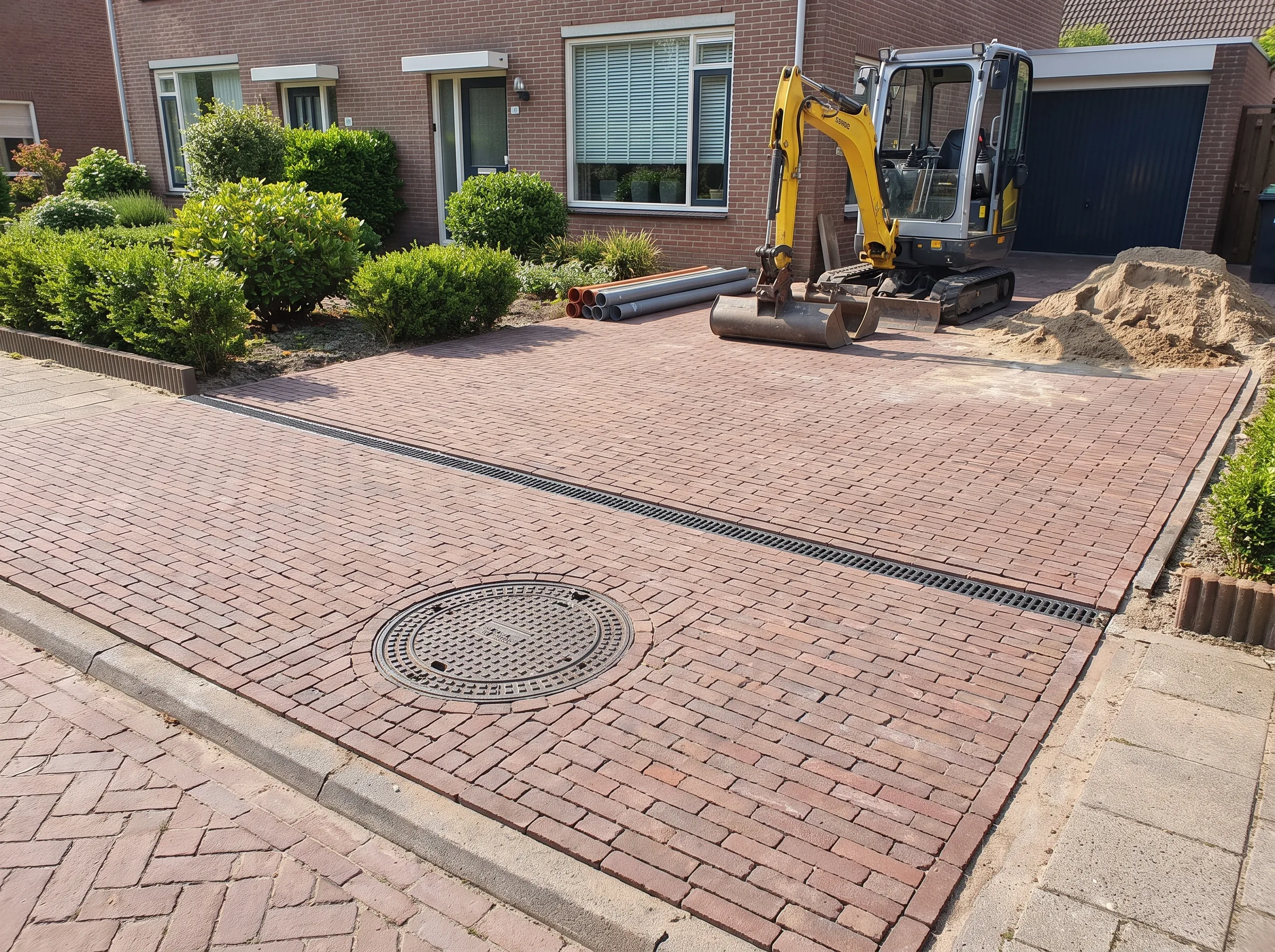 Rode klinkerbestrating oprit in aanleg met graafmachine
