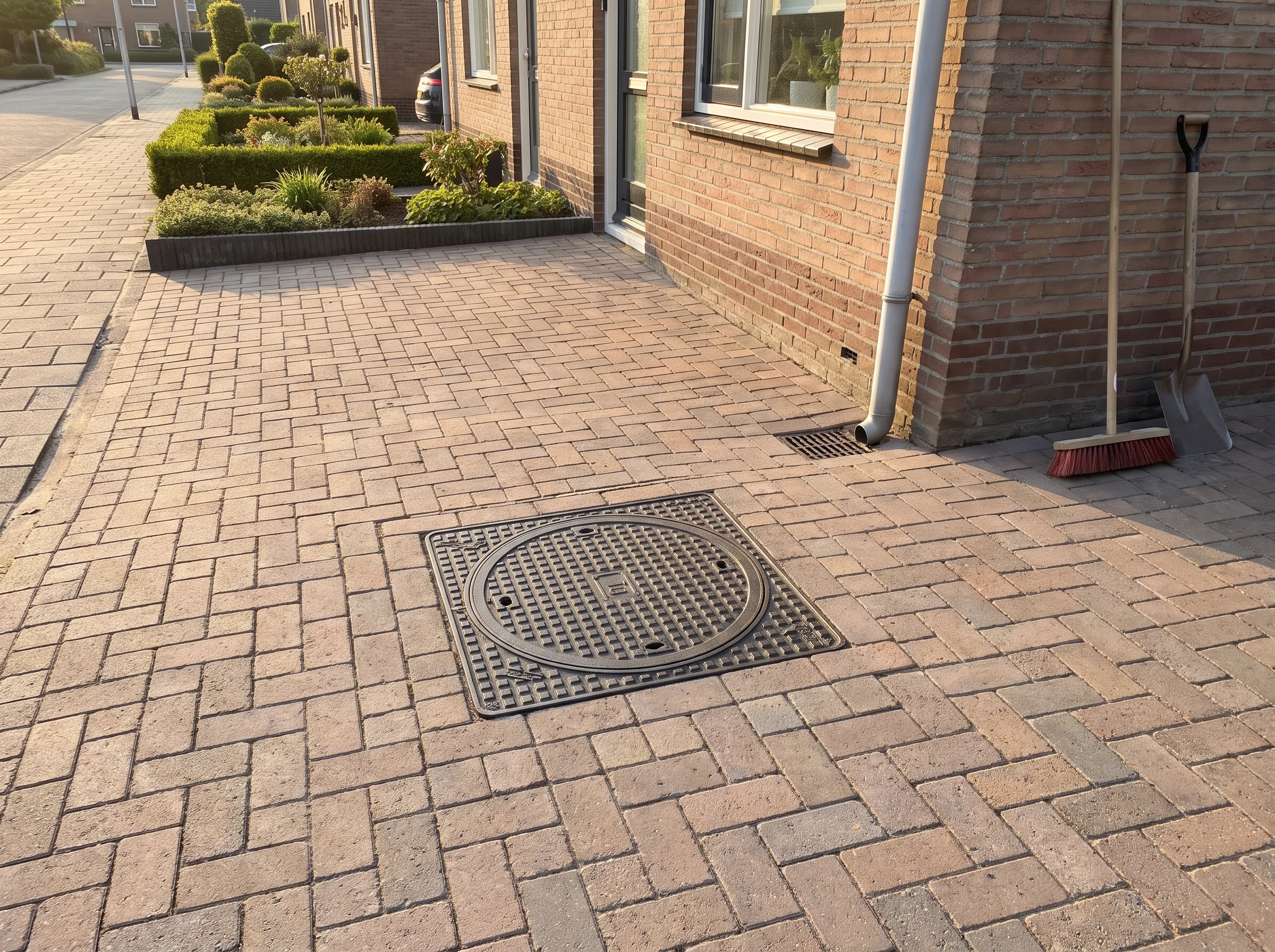 Professioneel aangelegde bruine klinkerbestrating rond woning met drainage-opening