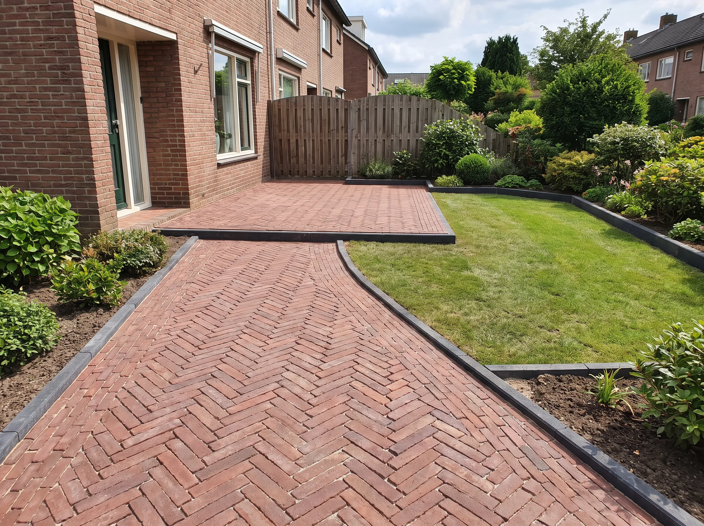 Rode klinkerbestrating in jodelmotief voor terras met groene rand langs bakstenen woning