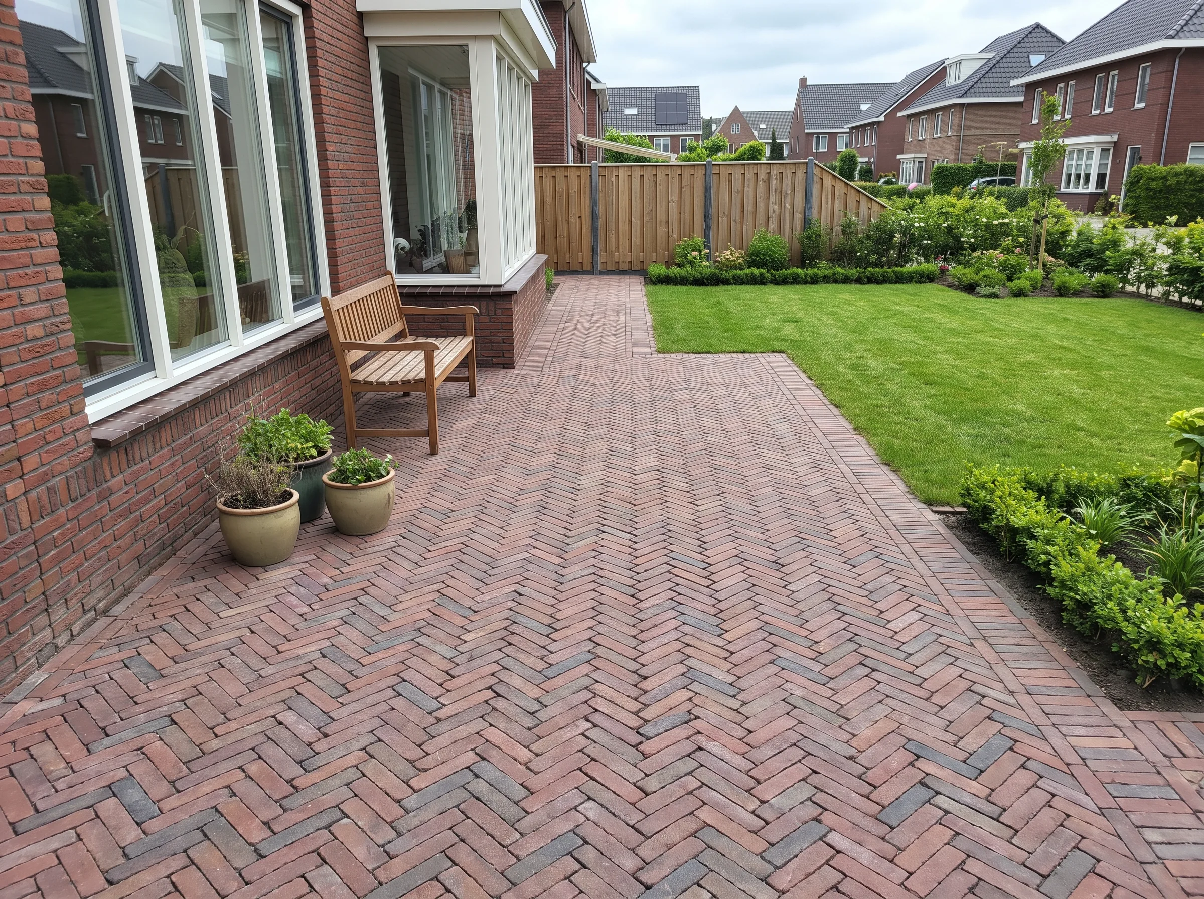 Rode klinkerbestrating in visgraatpatroon aangelegd voor terras bij bakstenen woning