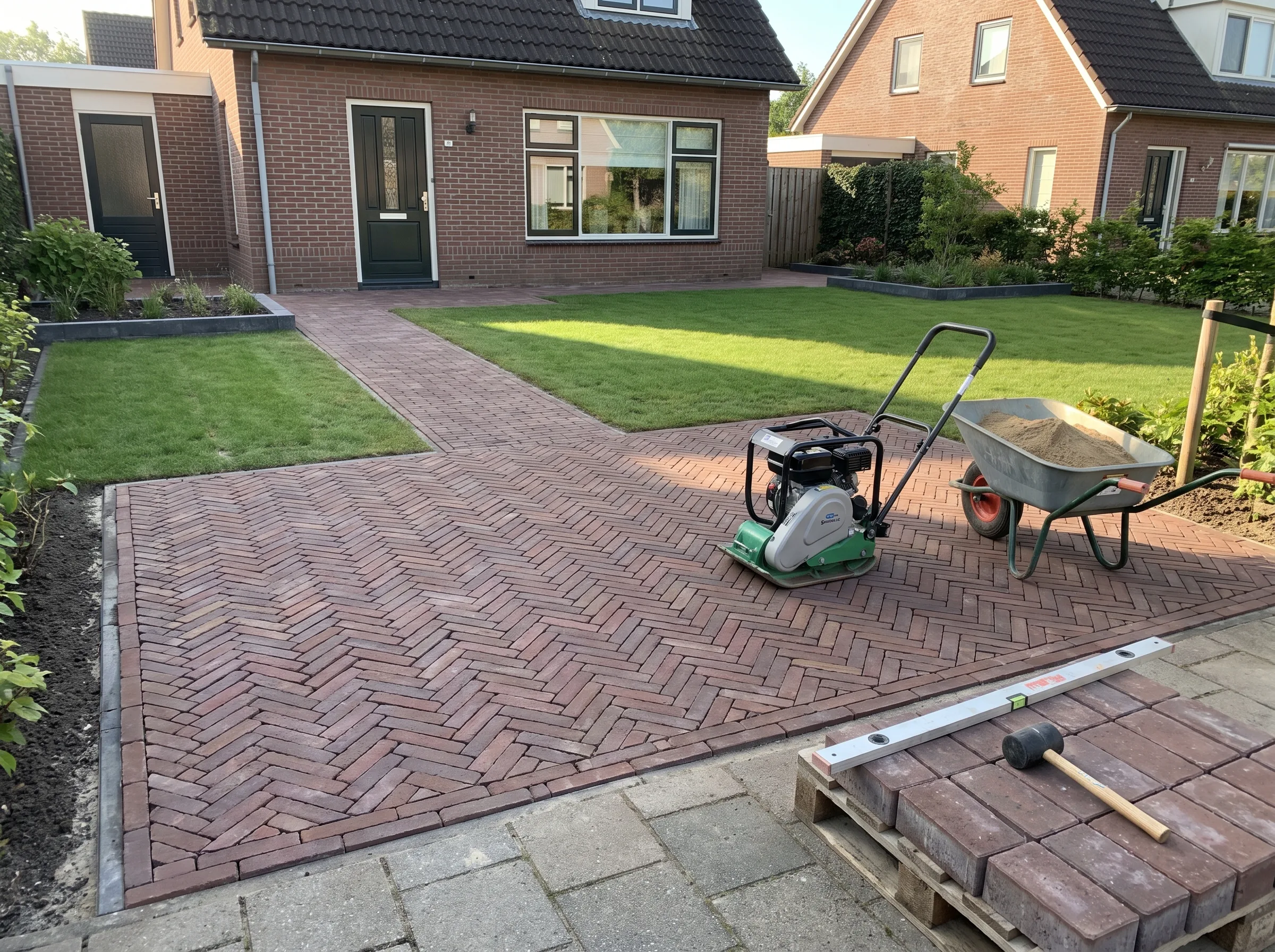 Terras met rode klinkerbestrating in spijkerkop patroon aangelegd