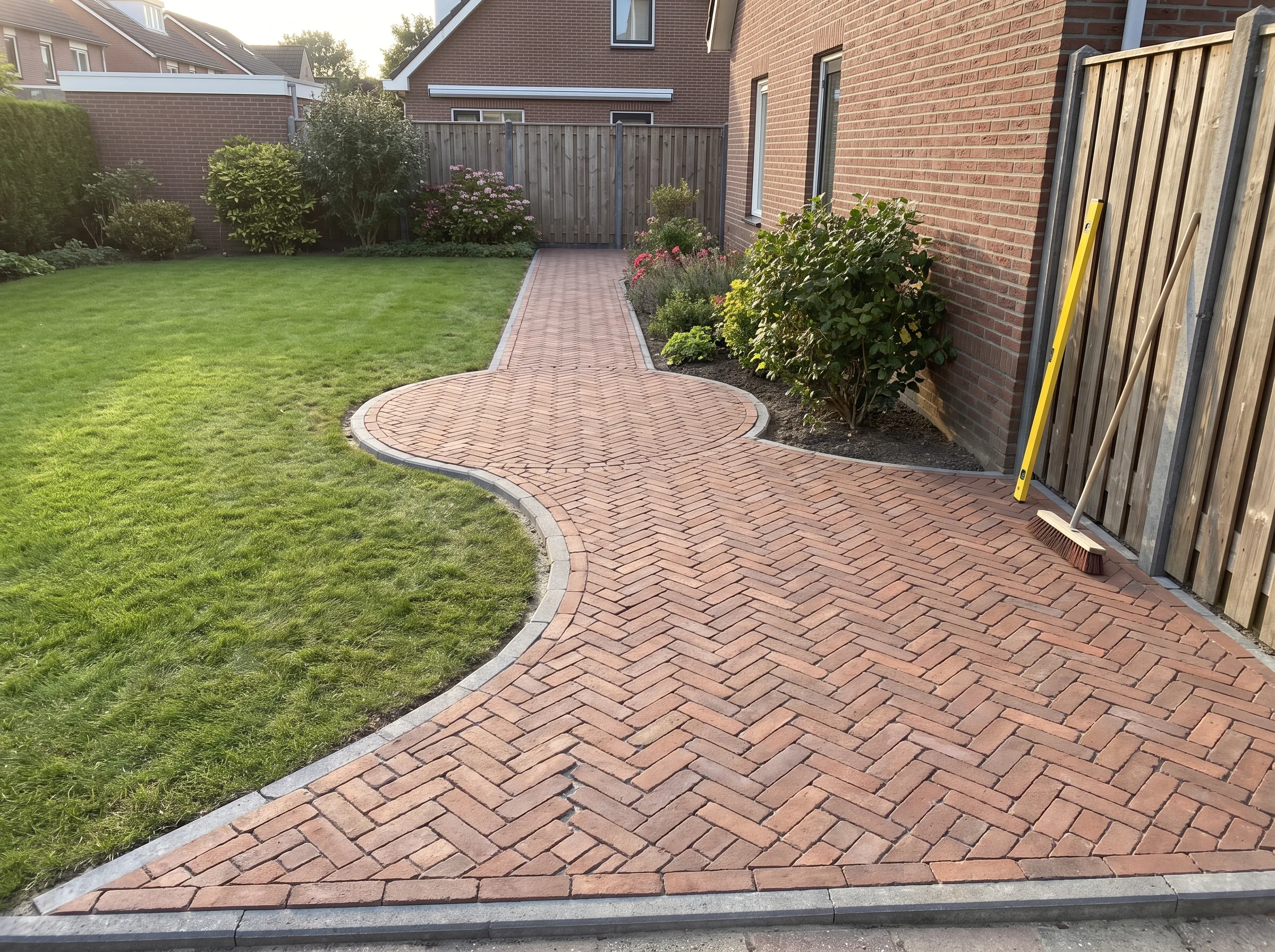 Tuinpad van rode klinkers in visgraatpatroon, elegant gebogen tussen gazon en huis