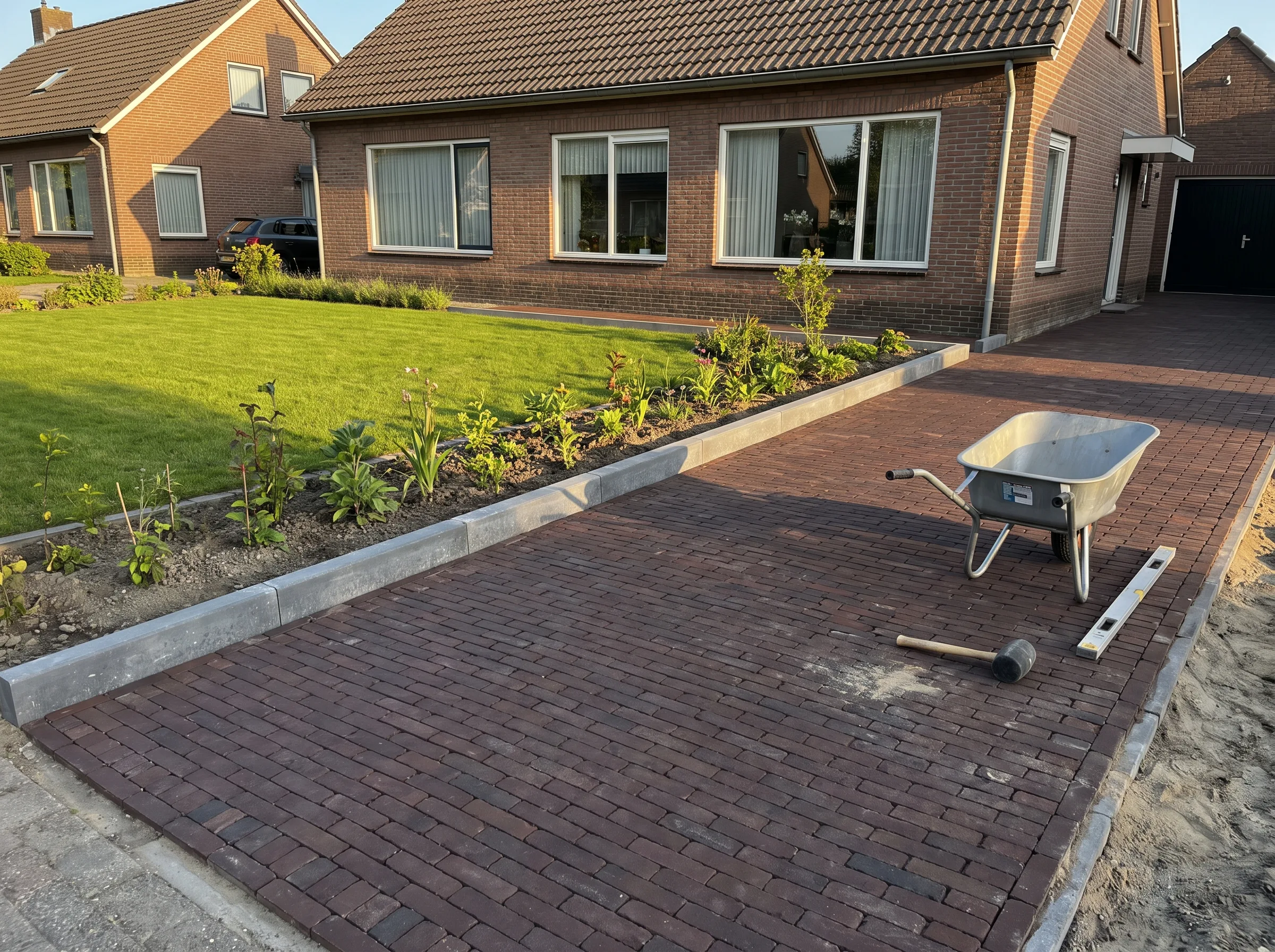 Nieuw aangelegde klinkerbestrating op oprit van moderne woning met opsluitbanden