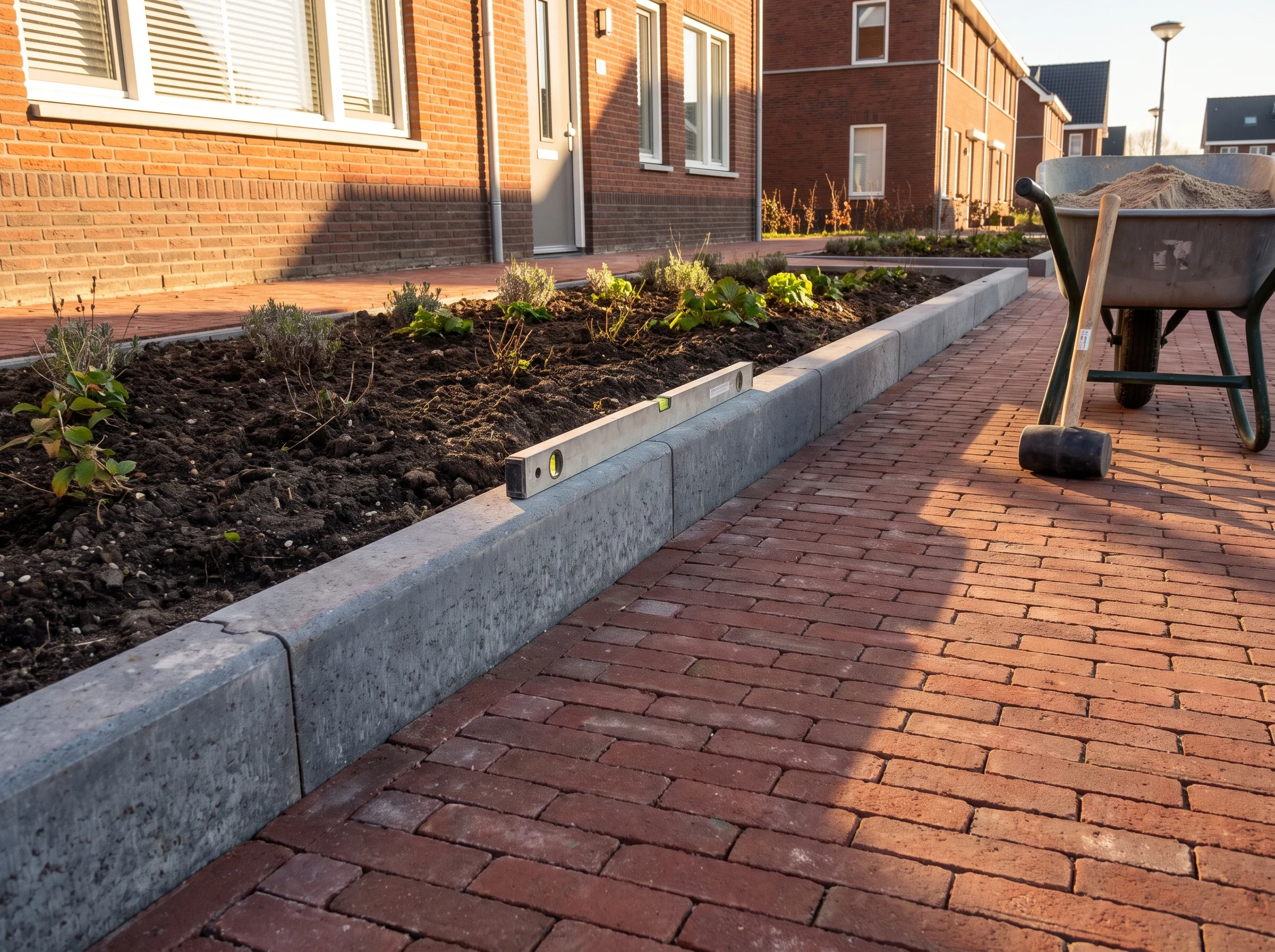 Rode klinkerbestrating met betonnen opsluitbanden langs tuinbed bij woning