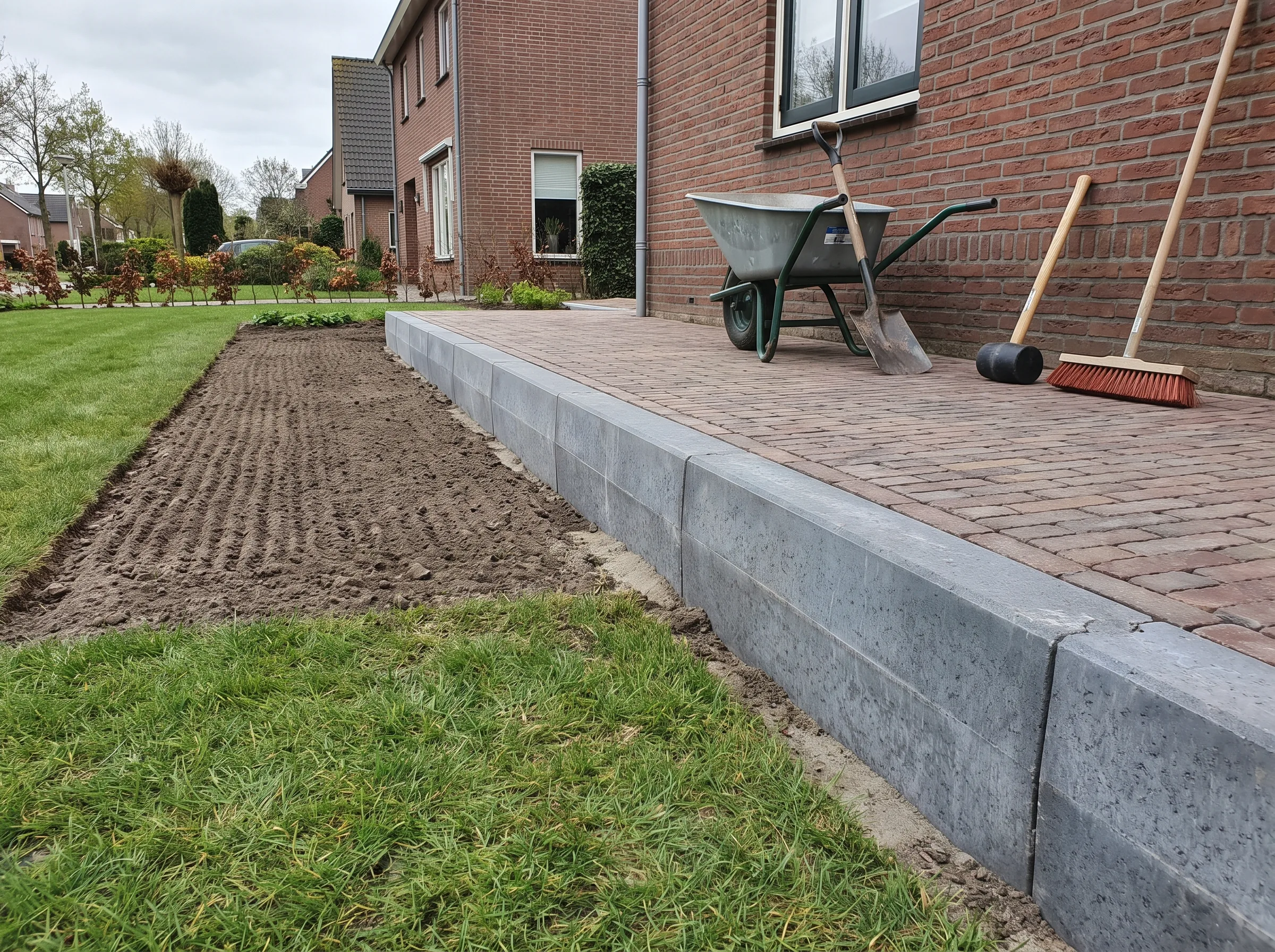 Aanleg van terras met klinkerbestrating en betonnen opsluitbanden langs tuinzijde van woning