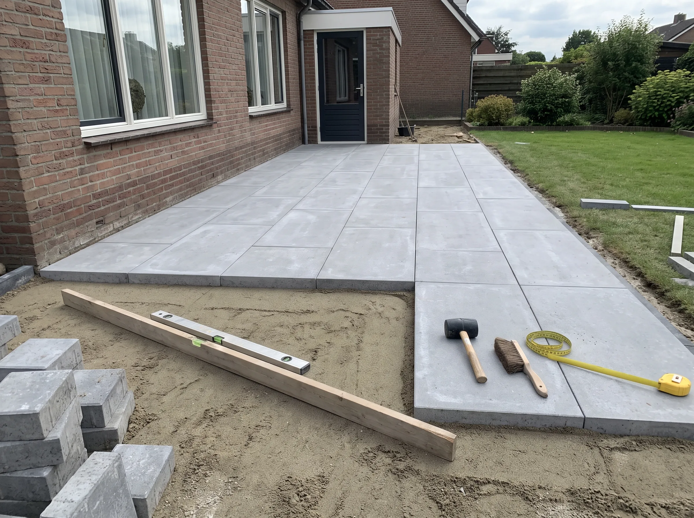 Terrasconstructie met grijze betonnen tegels en werkgereedschap