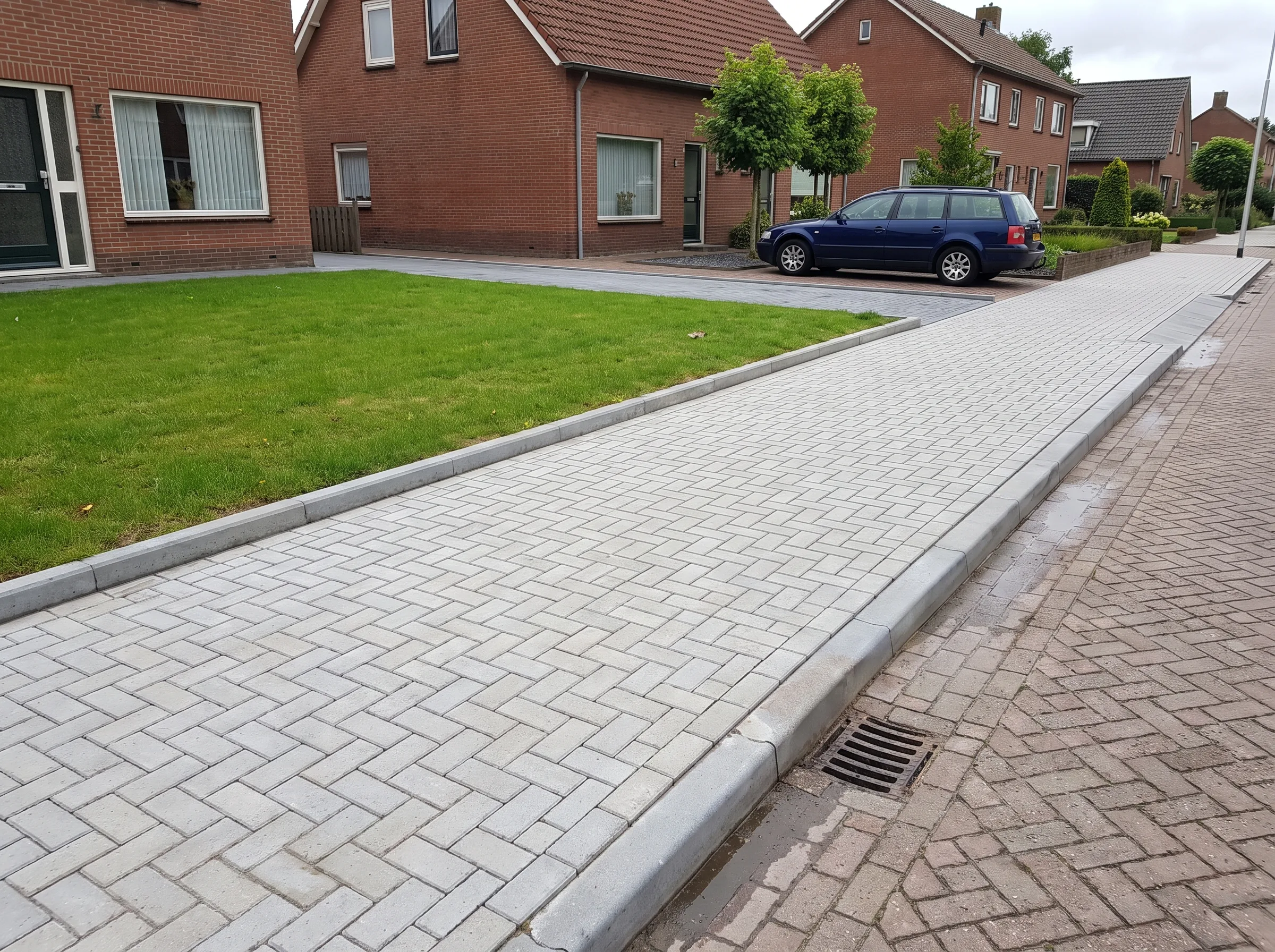 Grijze klinkerbestrating met opsluitbanden langs tuinrand van oprit, elegant afgewerkt