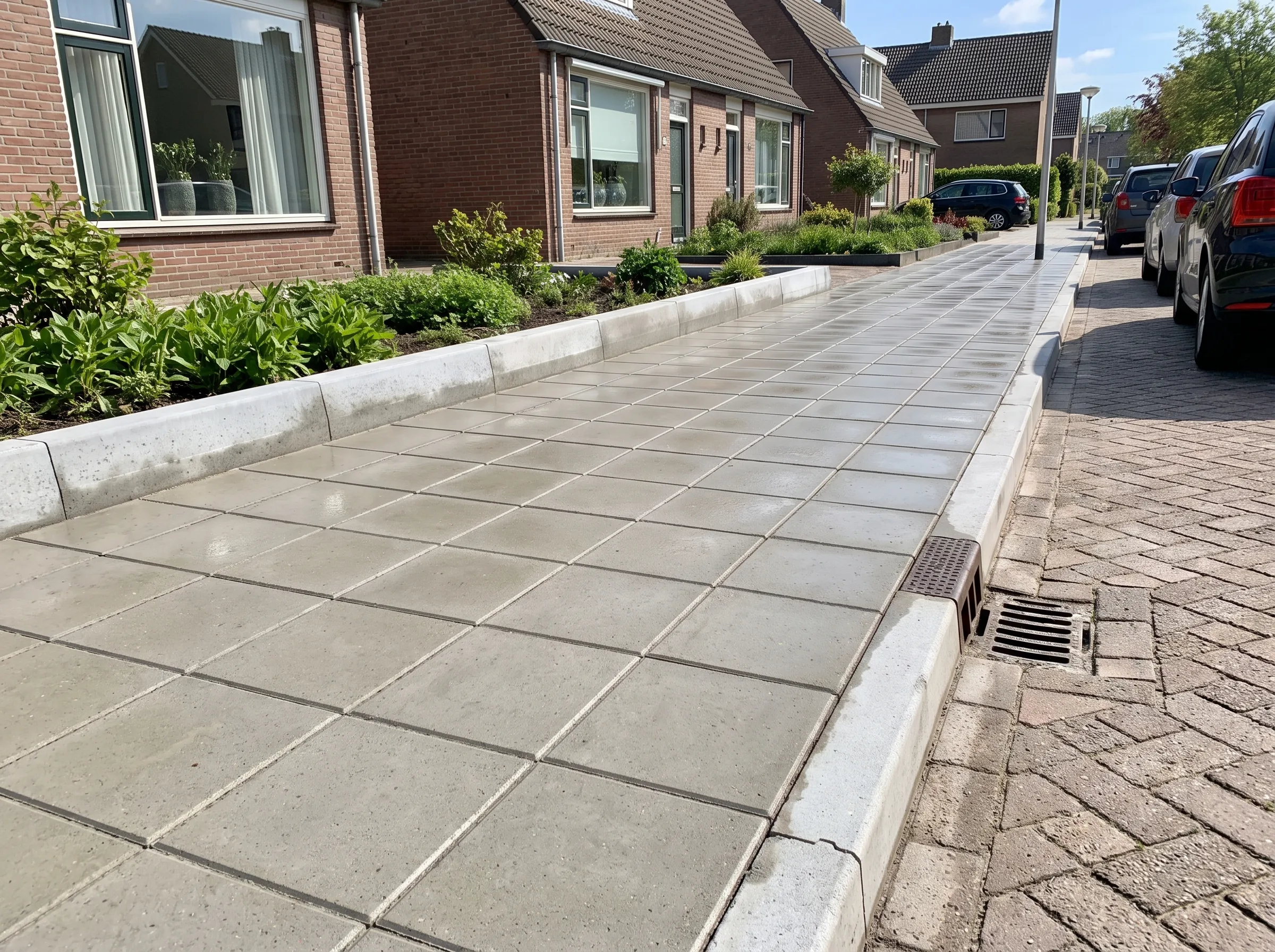 Moderne betonnen trottoir met witte opsluitbanden langs woningen