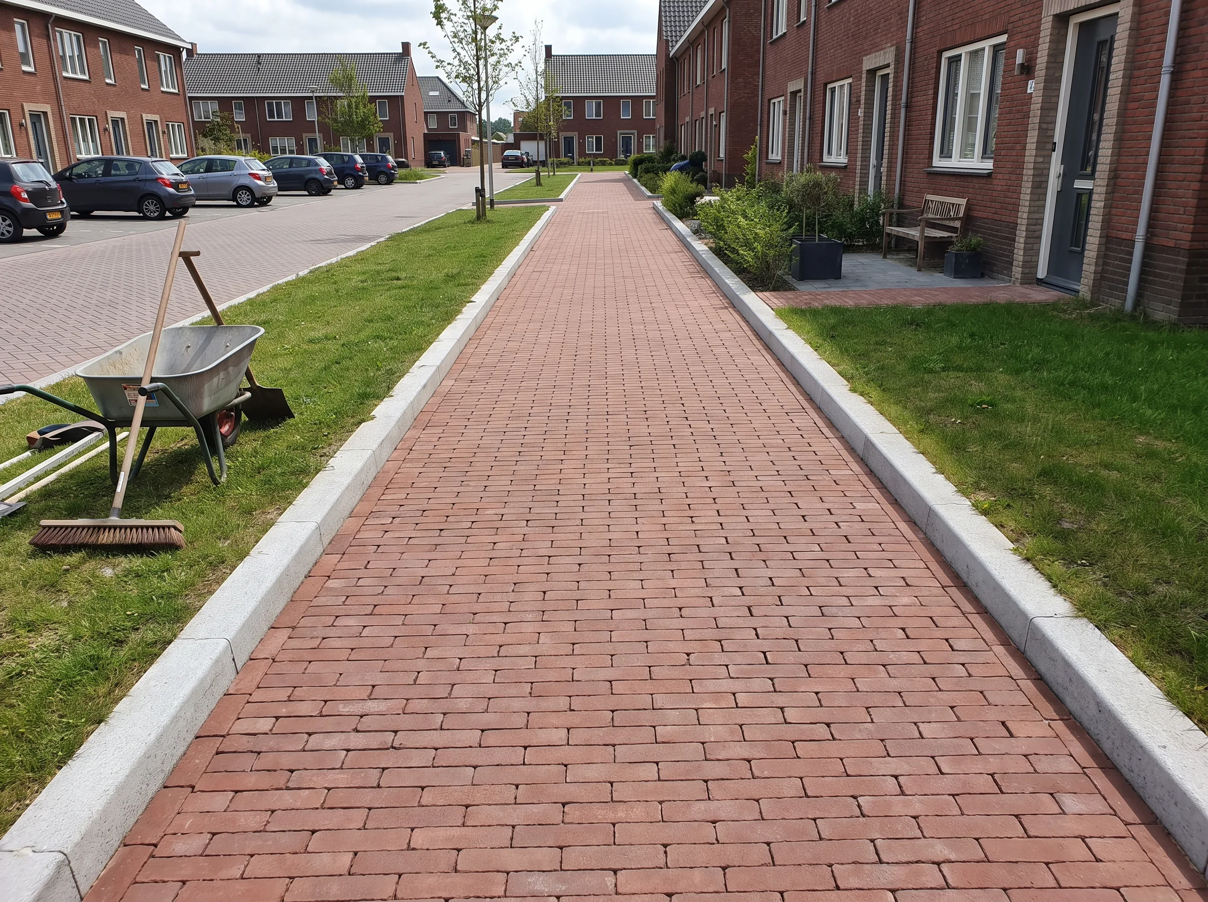 Tuinpad bestraat met rode klinkers en witte opsluitbanden, languit zicht met groen gazon langs de zijden