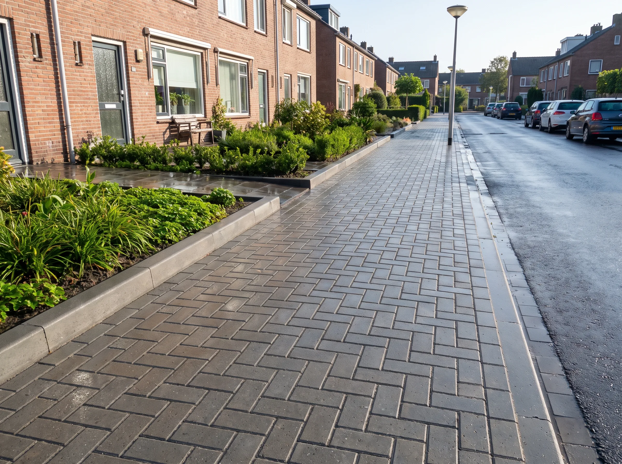 Professioneel trottoir uit grijze betonklinkers met groene beplanting langs woonhuizen