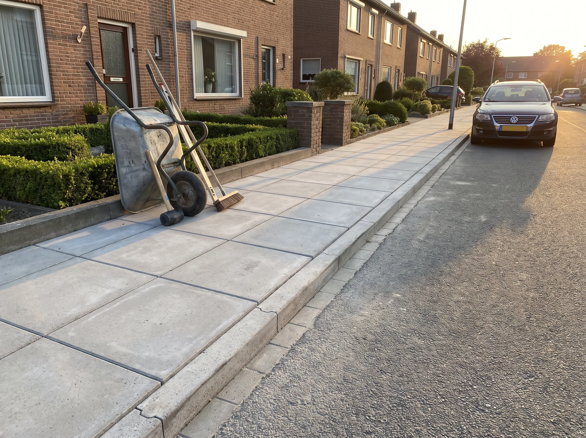 Moderne grijze betonbestrating oprit met nauwkeurig aangelegde opsluitbanden