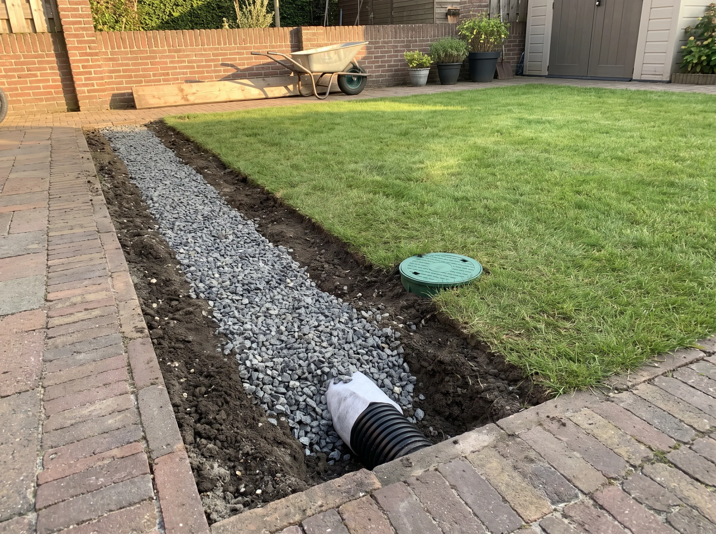 Drenagewerk in tuin met drainagepijp en grindbed langs klinkerbestrating
