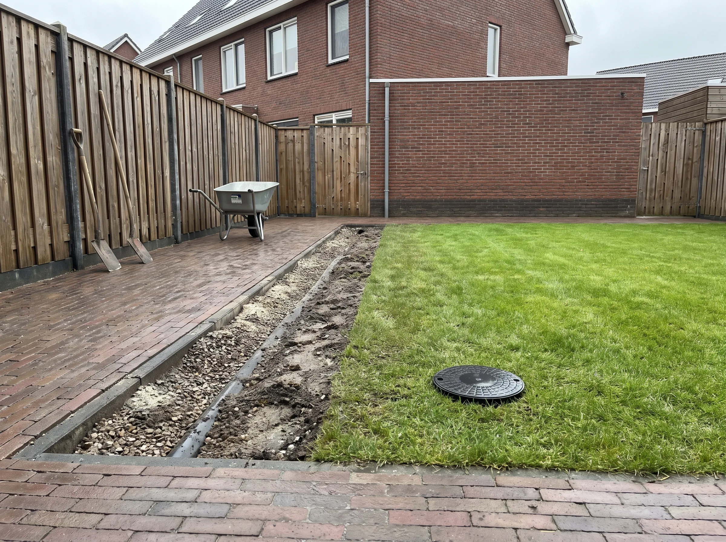 Drainagegreppel met PVC-pijp en grind aangelegd rond gazon in tuin