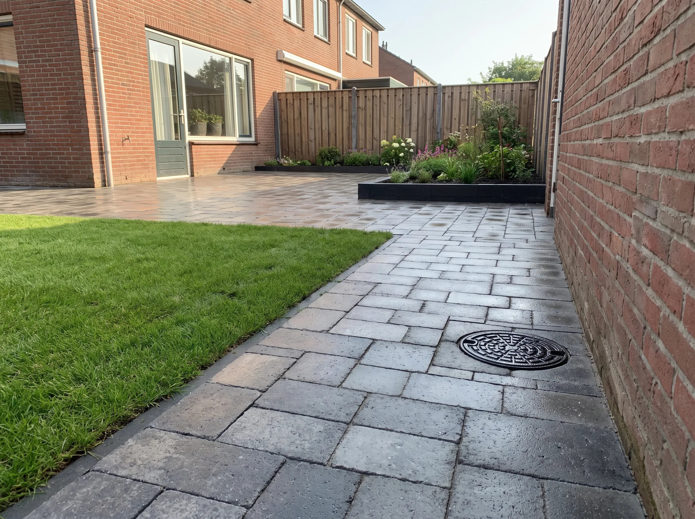 Klinkerbestrating voor tuinpad aanleggen langs woning met gazon
