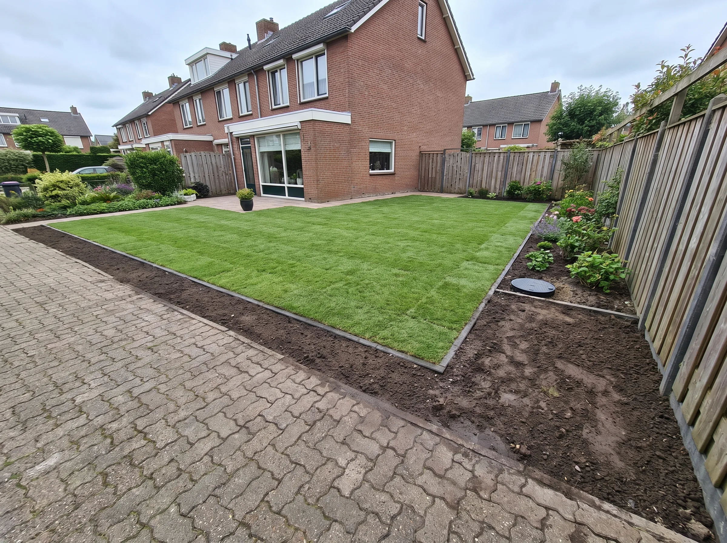 Nieuwe bestrating aangelegd bij woning met klinkers en grasveld