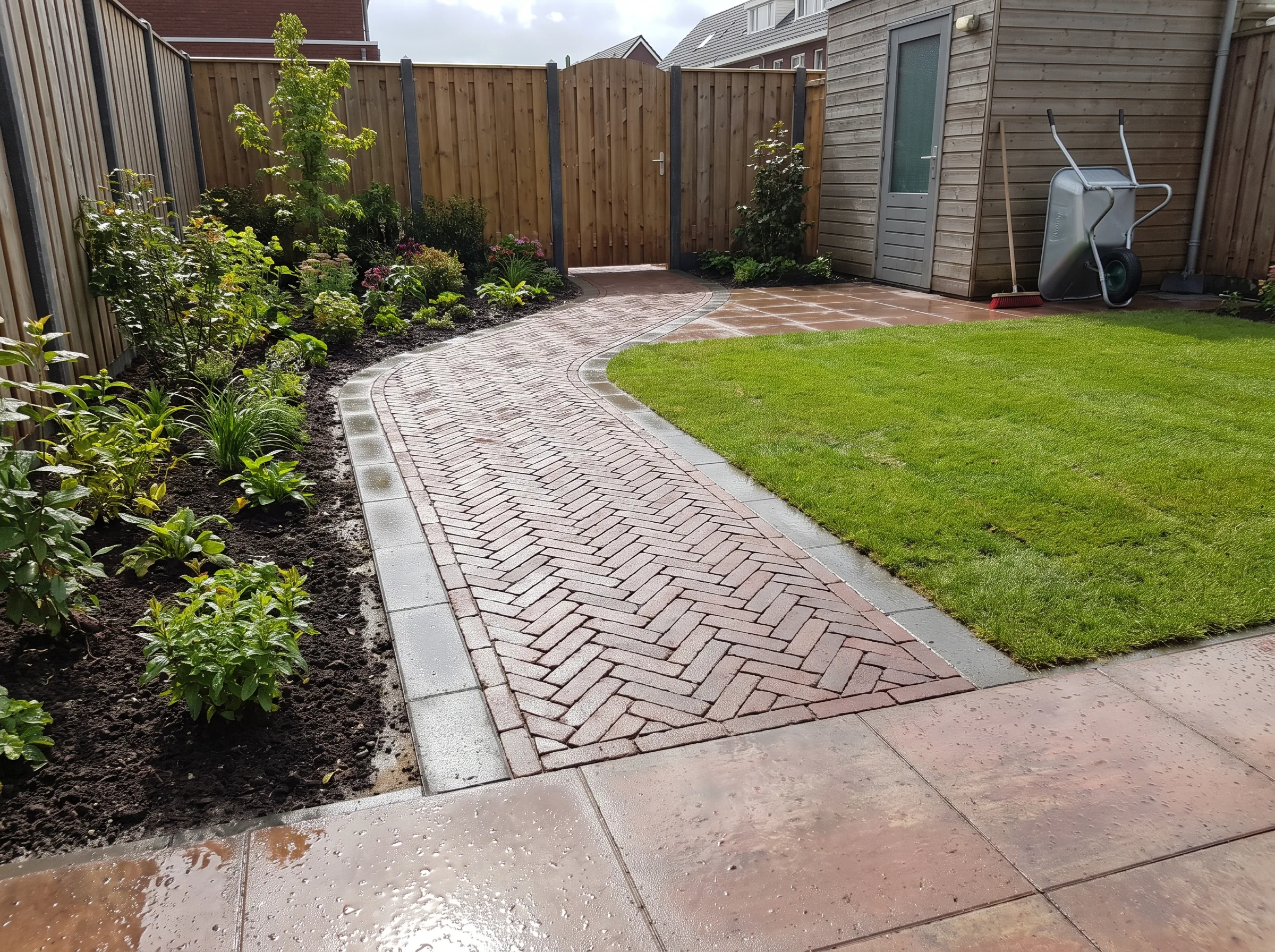 Tuinpad met klinkerbestrating in visgraatpatroon omringd door groen gazon