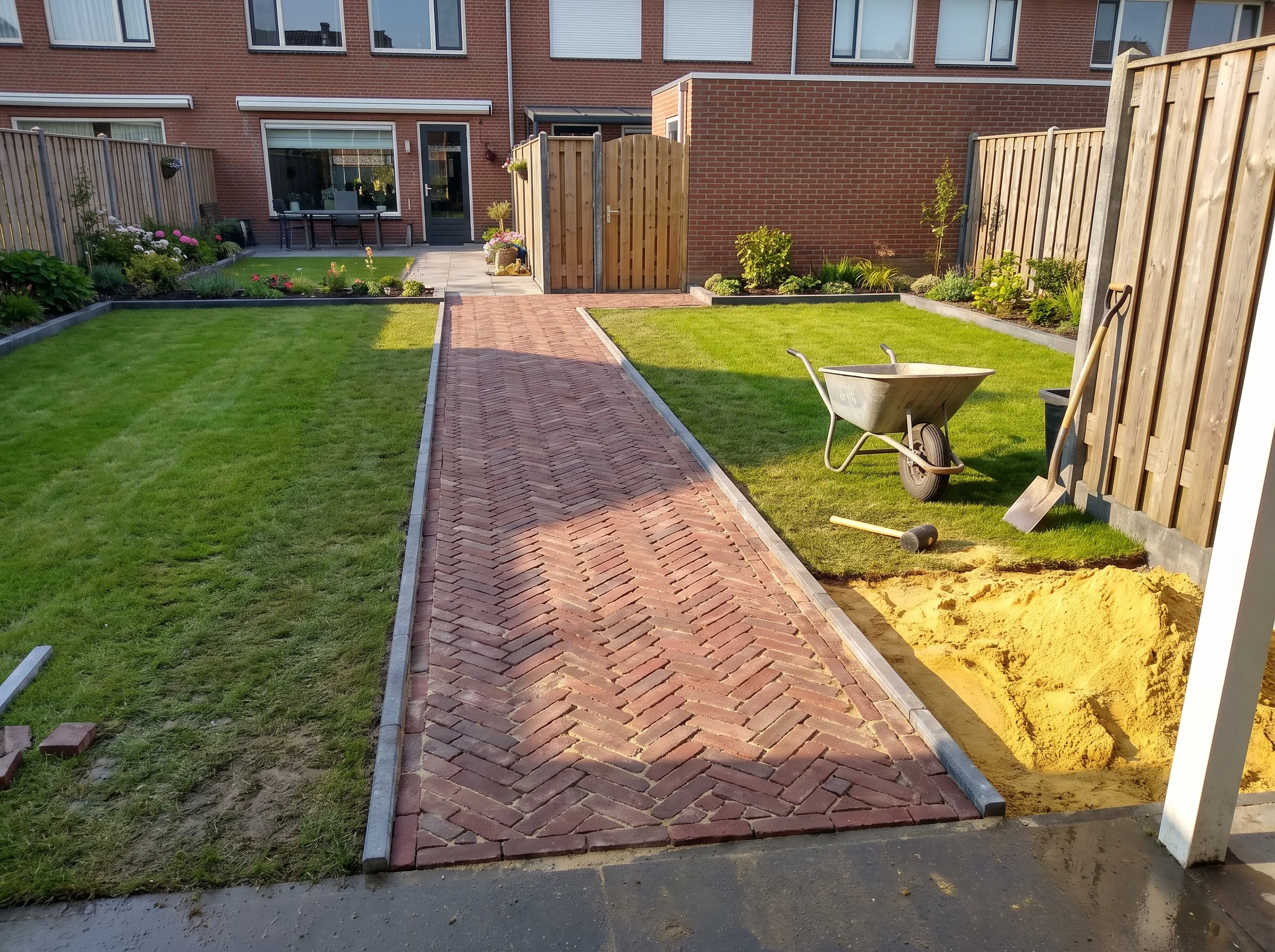 Tuinpad aanleggen: donkerbruine klinkerbestrating met visgraatpatroon in moderne tuin