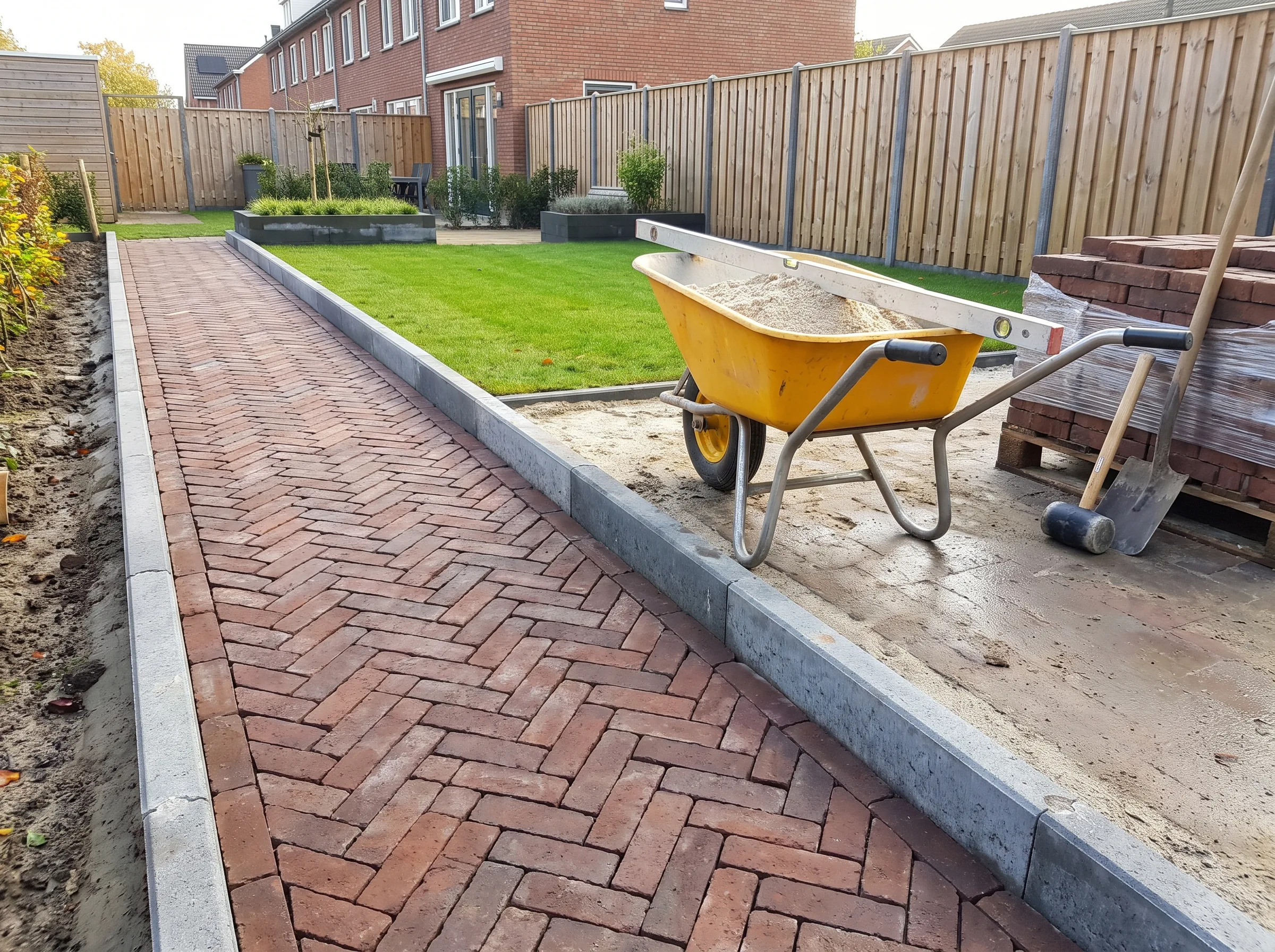 Aanleggen rode klinkerbestrating met opsluitbanden en grondwerk in voorbereiding