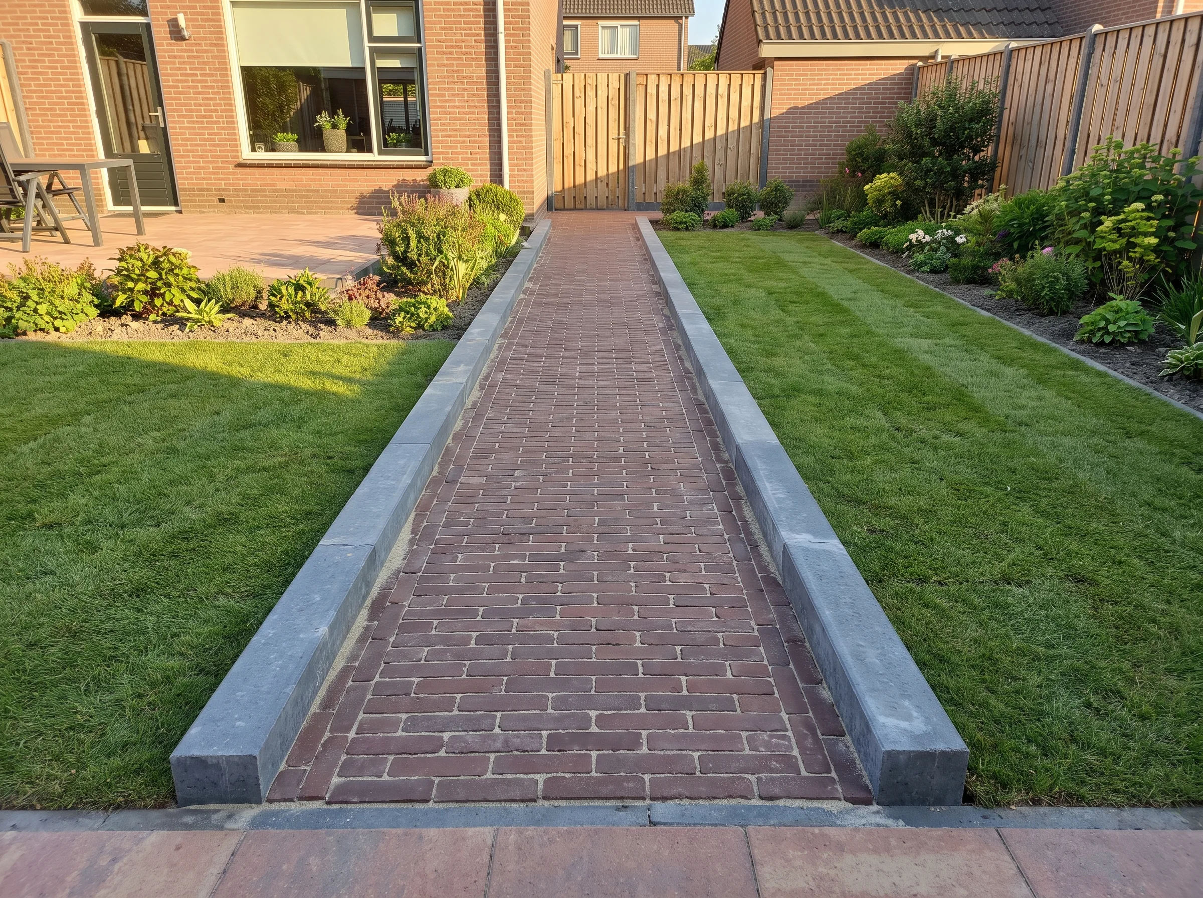 Aangelegde tuinpad in rood-bruine klinkers met opsluitbanden, omgeven door gazon en tuinplanten