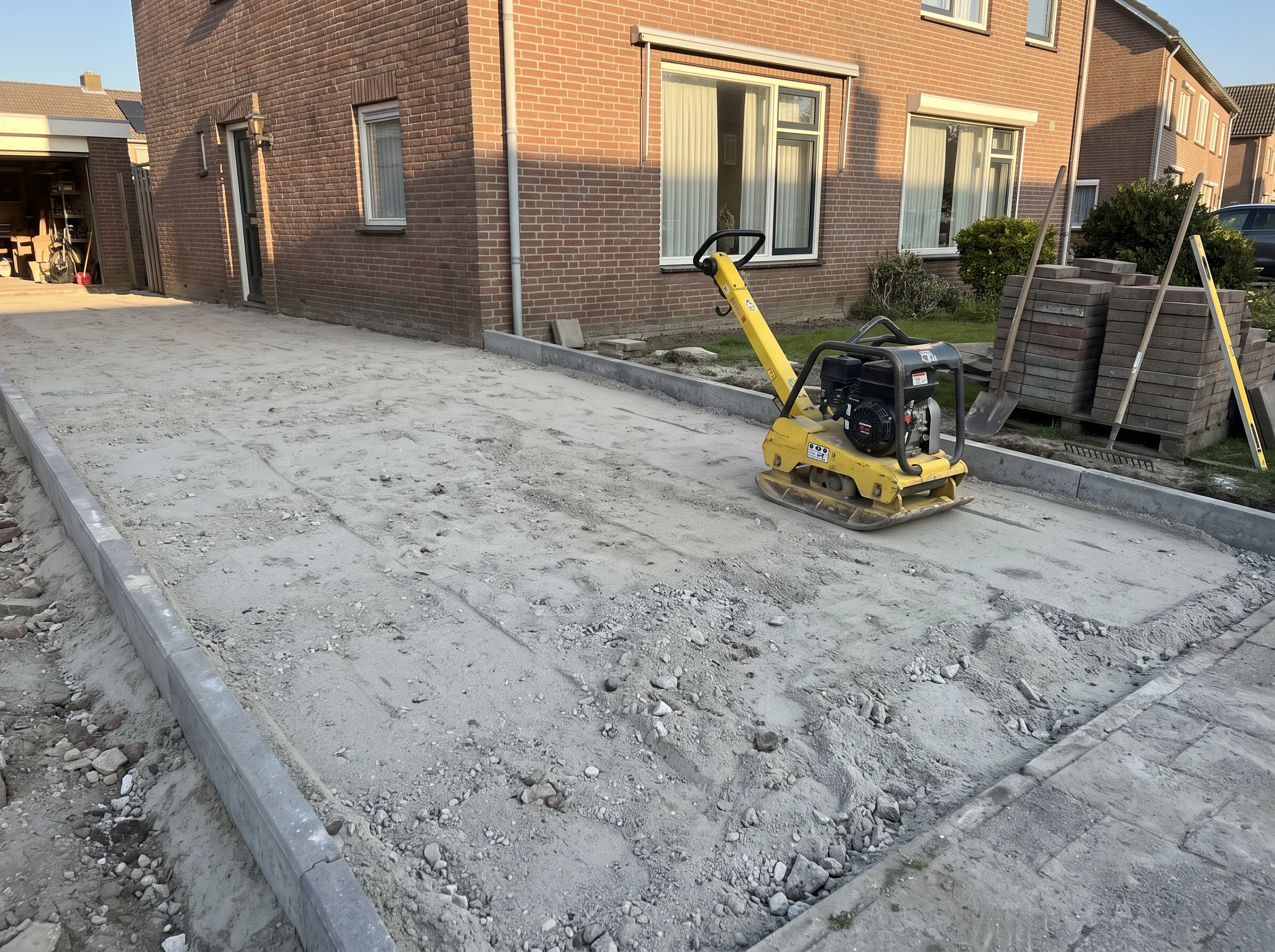 Bestrating oprit in voorbereiding: verdichting van grondlaag met trilplaat