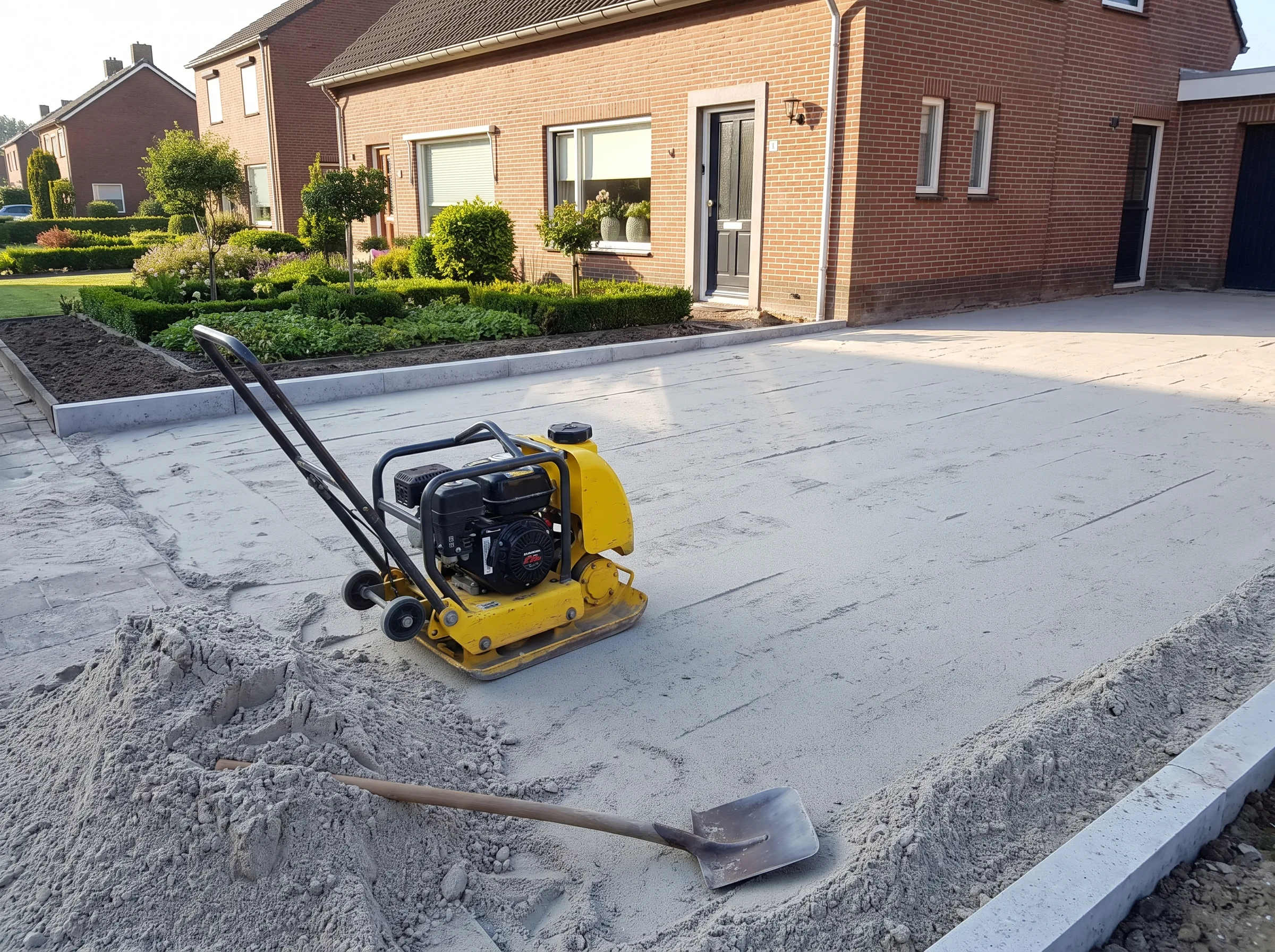 Aanleg grijze bestrating oprit met verdichtingswerkzaamheden zichtbaar