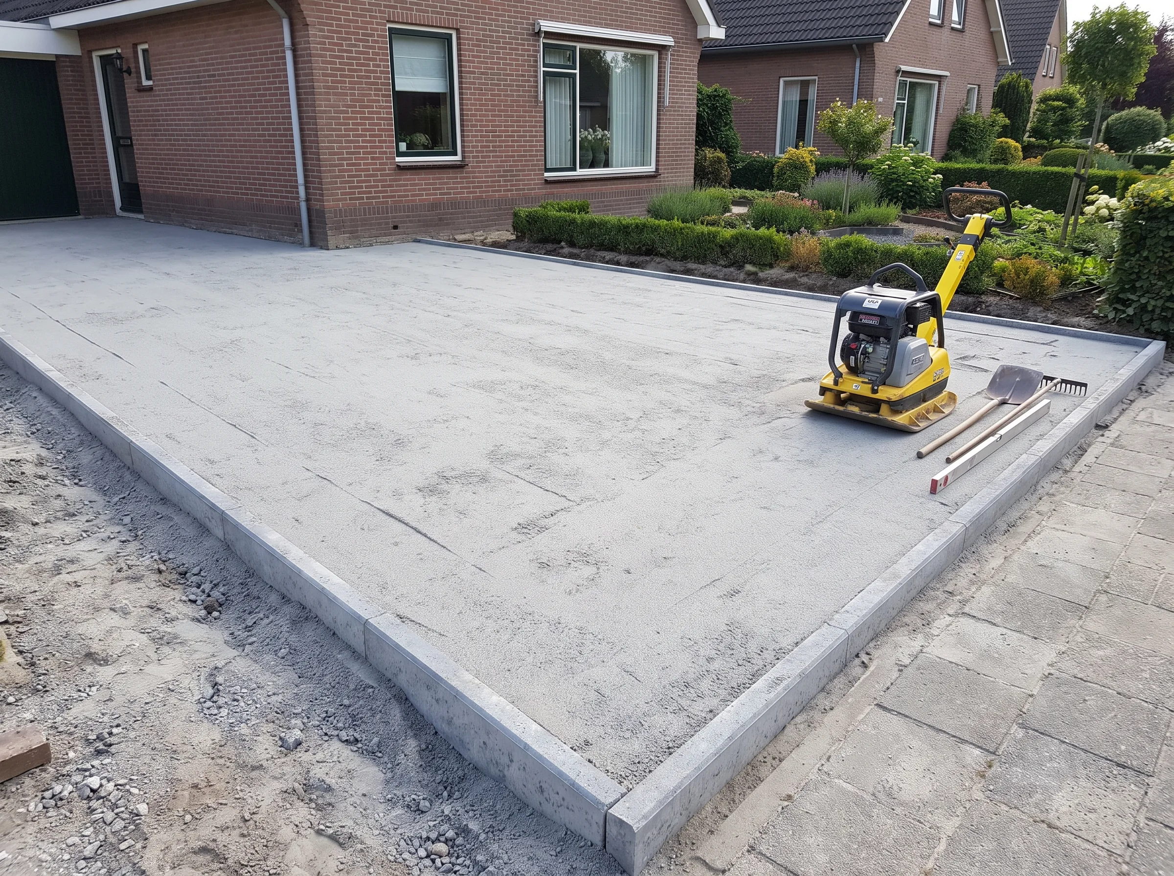 Verdichte betonnen fundering met gele compactor en opsluitbanden voor bestratingsvoorbereiding