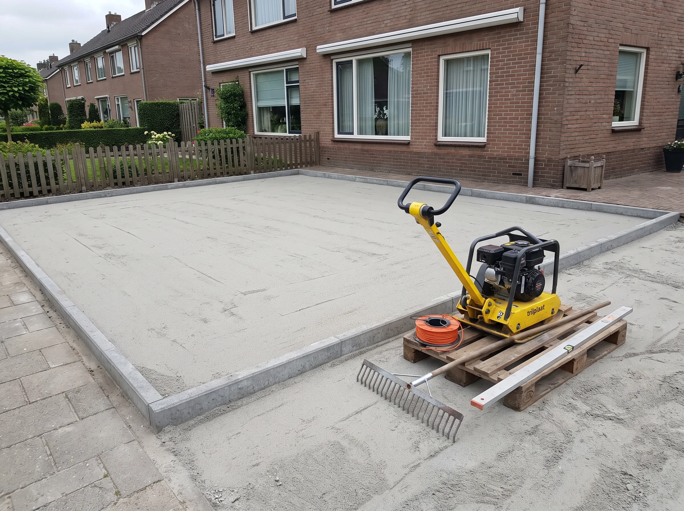 Gele verdichtingsmachine tijdens voorbereiding terrasbestrating