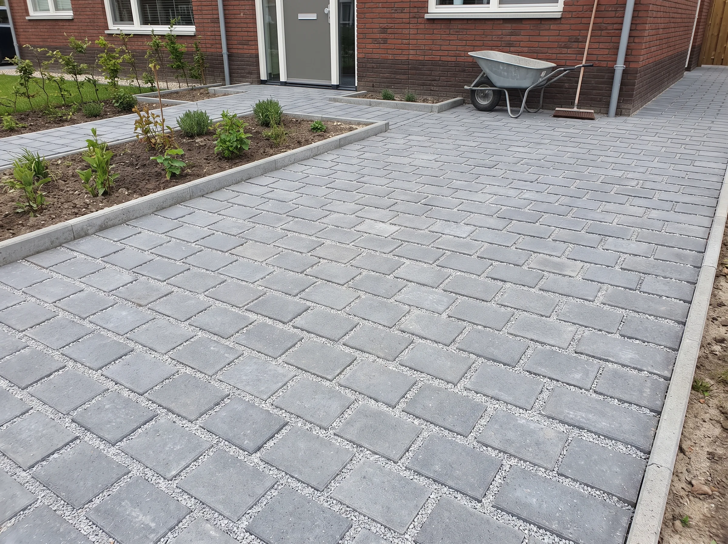 Bestrating met grijze klinkers en plantenbak voor woning