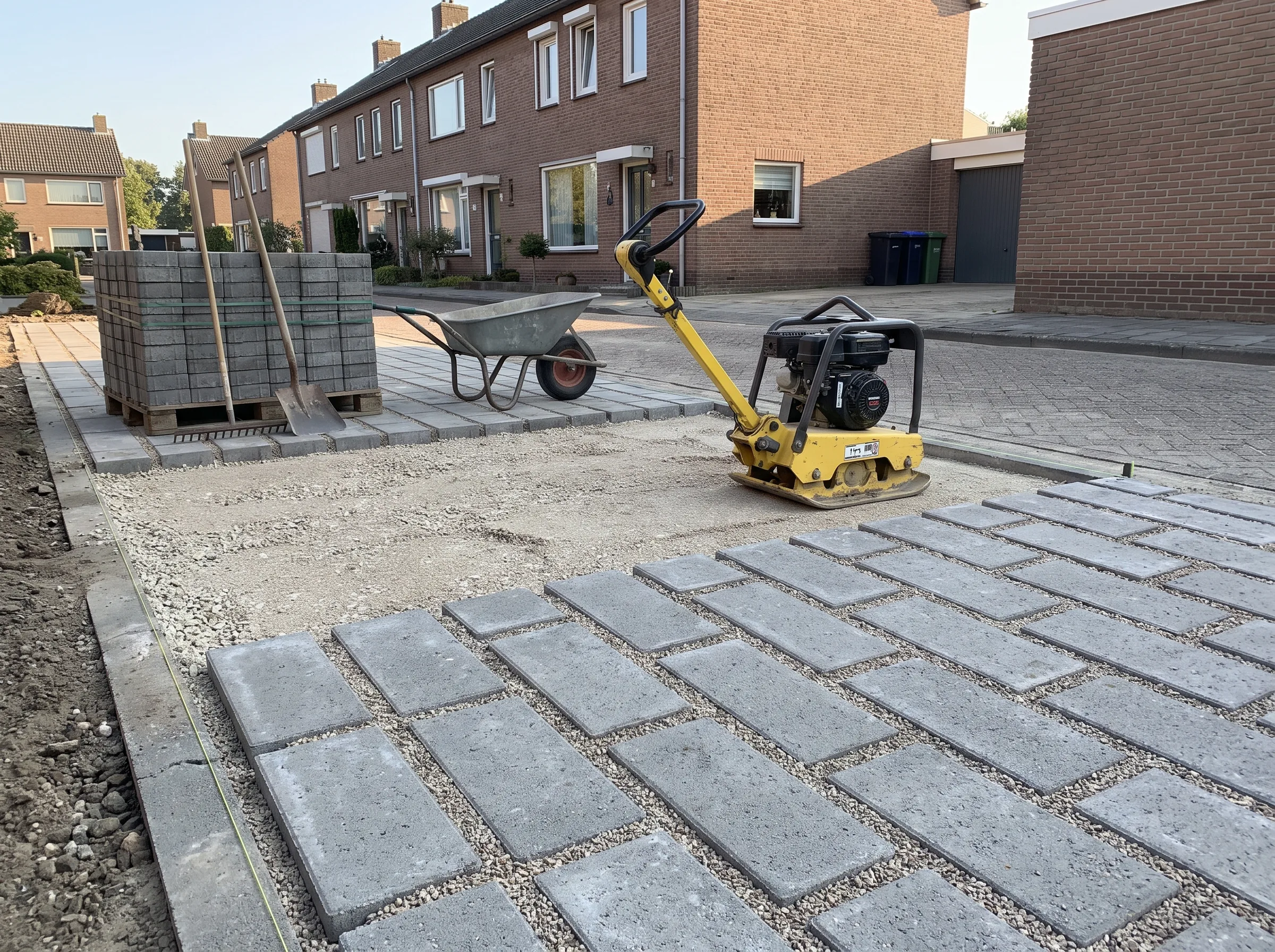 Aanleg klinkerbestrating: verdichtingsfase met vibratieplaat en materialen op woonerf