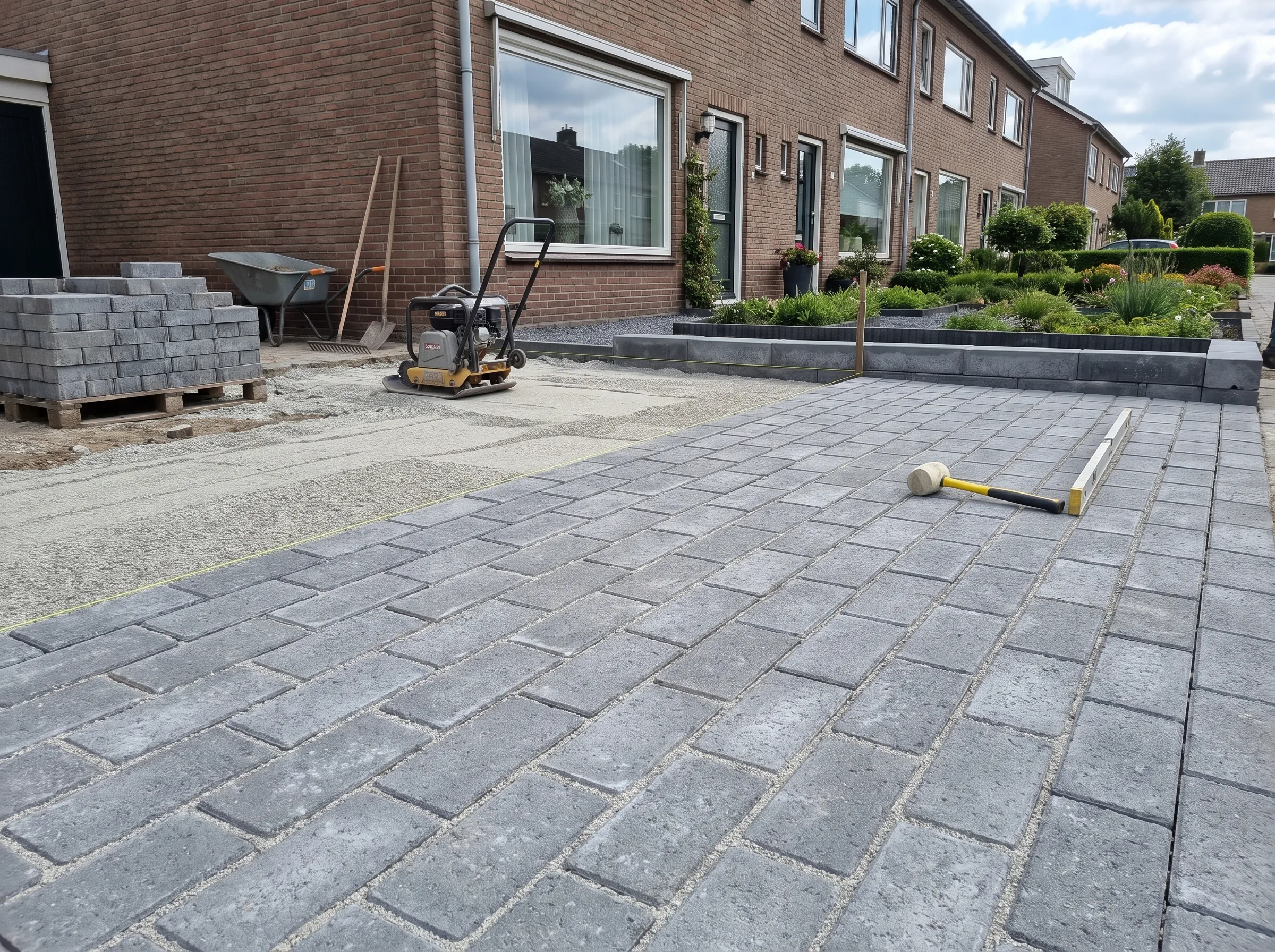 Grijze klinkerbestrating in visgraatpatroon aangelegd voor bakstenen woning
