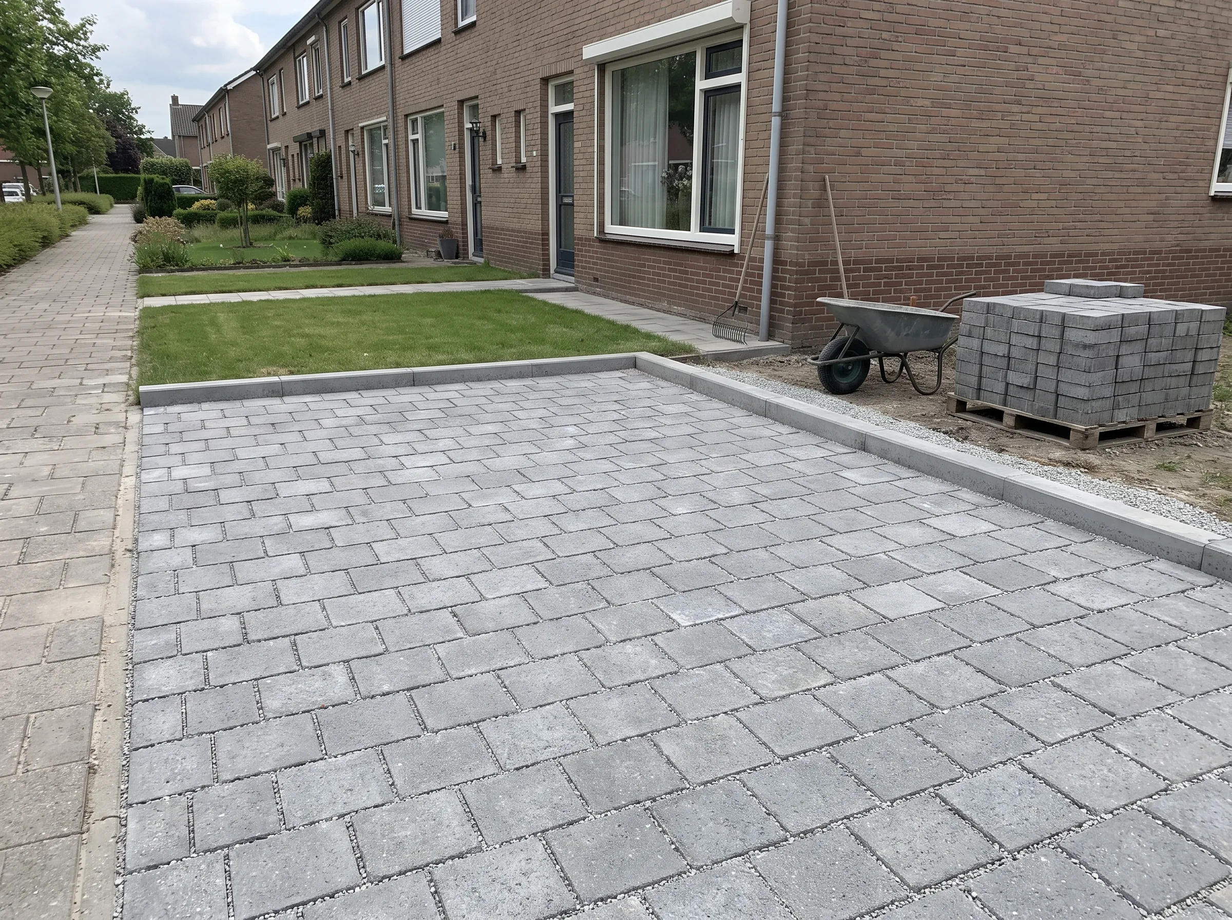Grijze klinkerbestrating terras met opsluitbanden aangelegd tegen woning