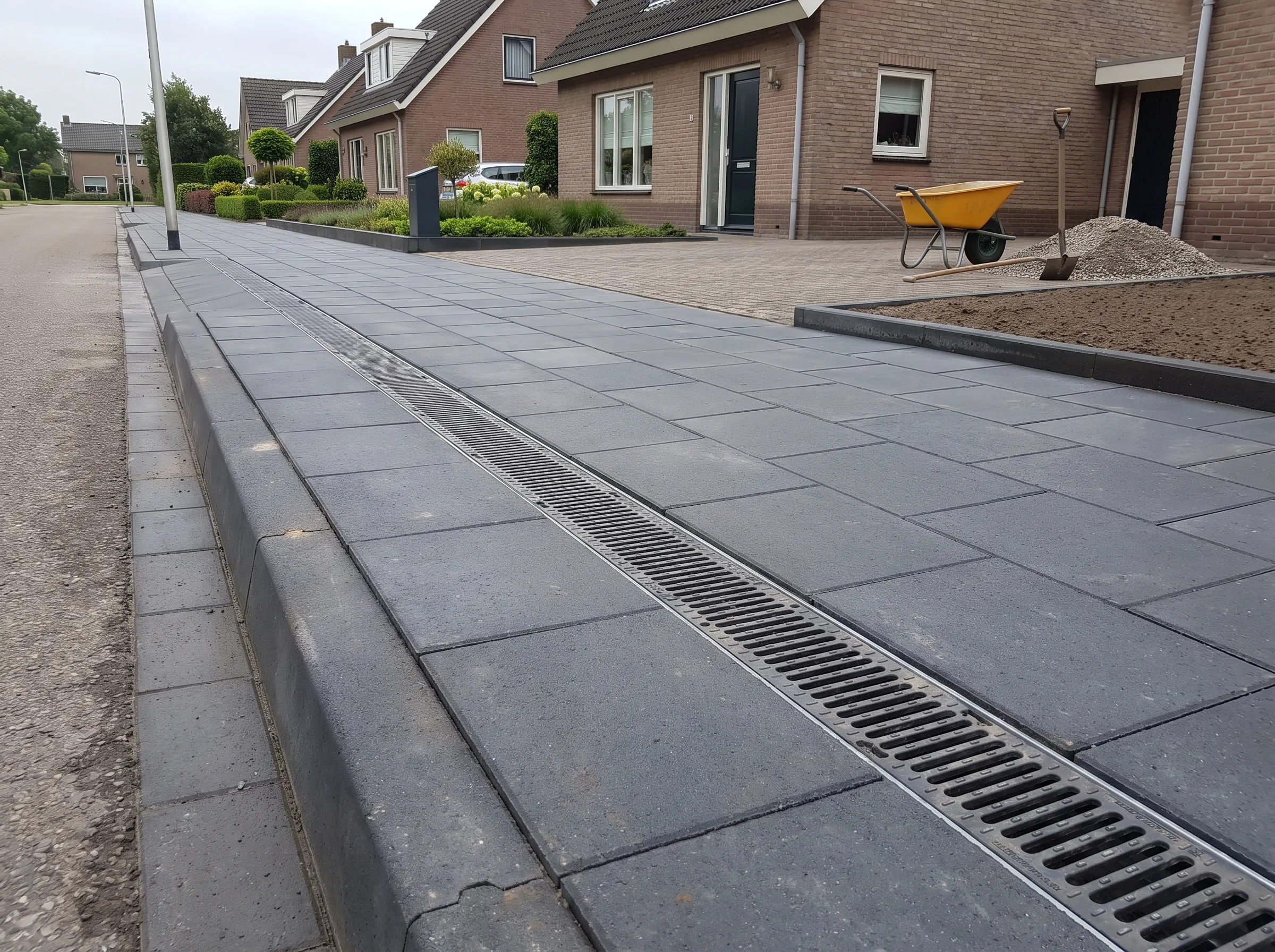 Waterdoorlatende betonnen oprit met donkergrijs bestrating en drainage afvoer