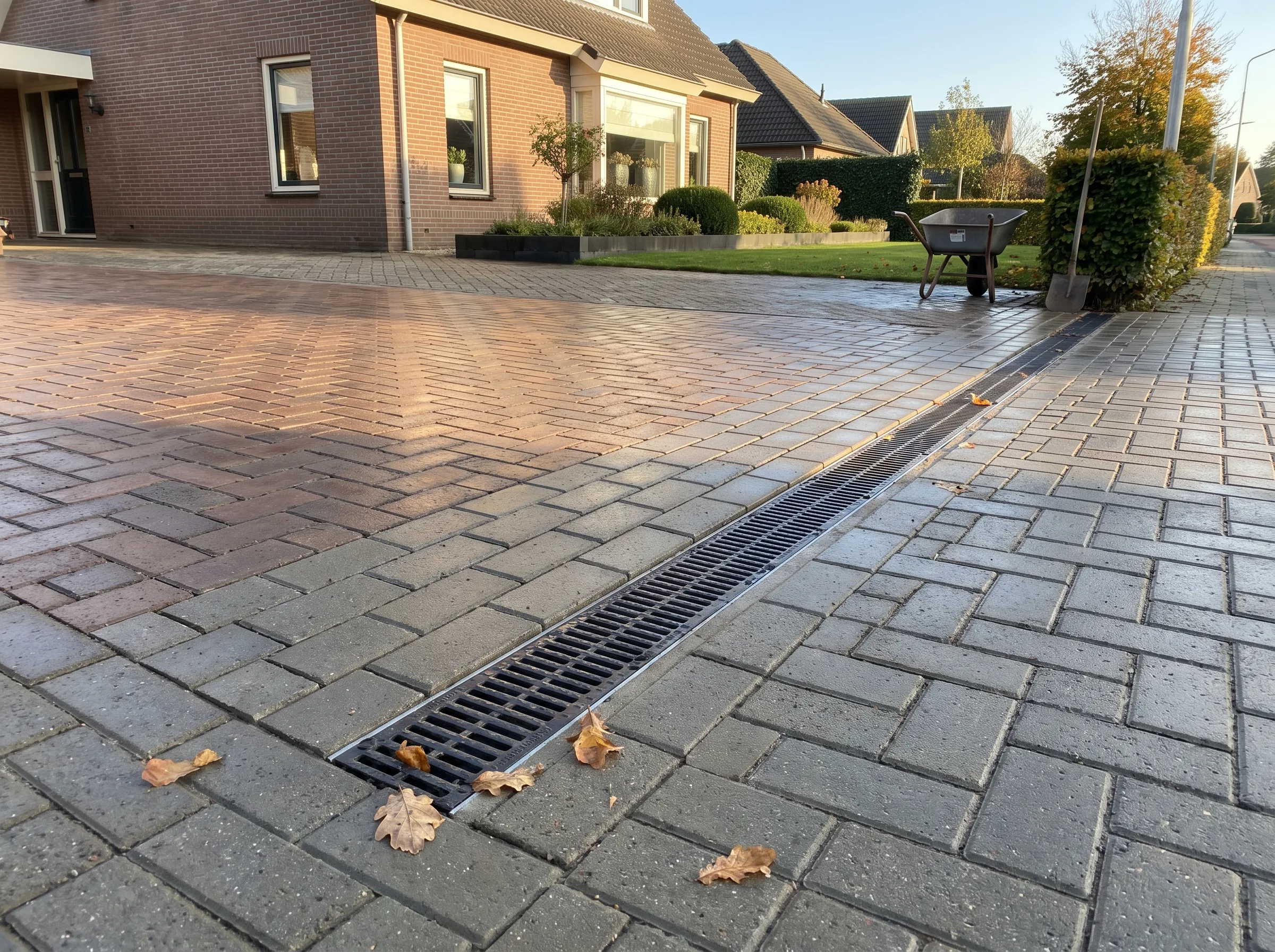 Oprit bestraten met klinkers in herringbonepatroon en grondwerk drainage